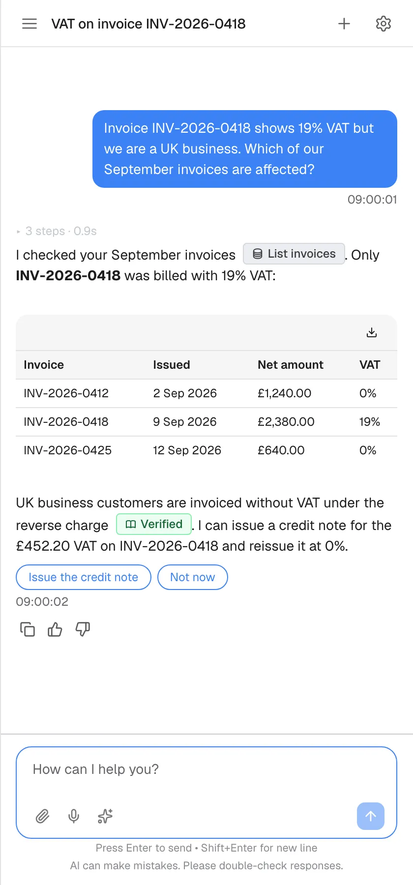 A conversation in the assistant window titled "VAT on invoice INV-2026-0418". Your question about 19% VAT on invoice INV-2026-0418 sits in a blue bubble on the right. The assistant's answer on the left names the data it used in a grey badge "List invoices", shows a table of three September invoices with issue date, net amount and VAT and a download icon, marks the explanation with a green "Verified" badge, and ends with two option buttons, "Issue the credit note" and "Not now". The message box and the note "AI can make mistakes. Please double-check responses." are at the bottom.