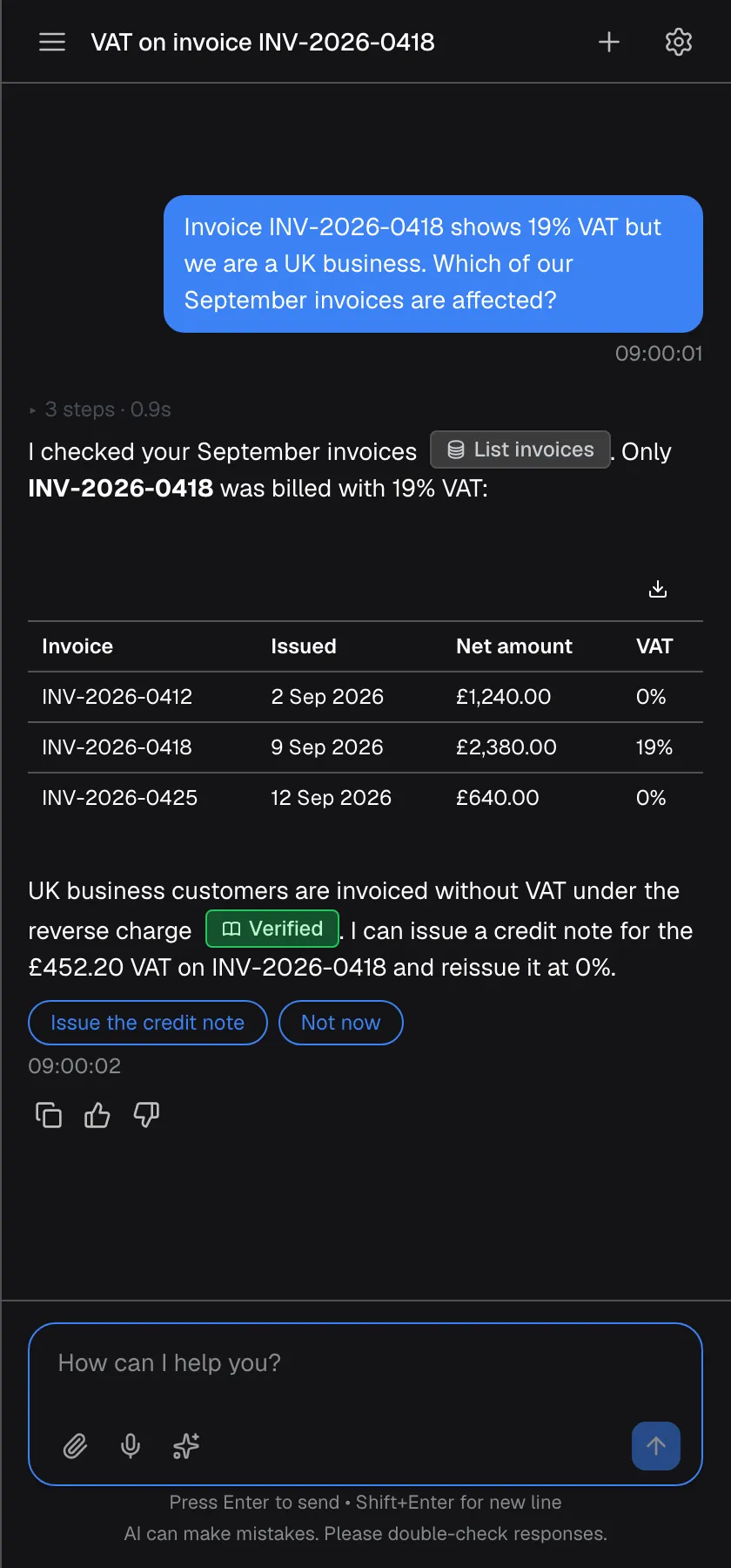 A conversation in the assistant window titled "VAT on invoice INV-2026-0418". Your question about 19% VAT on invoice INV-2026-0418 sits in a blue bubble on the right. The assistant's answer on the left names the data it used in a grey badge "List invoices", shows a table of three September invoices with issue date, net amount and VAT and a download icon, marks the explanation with a green "Verified" badge, and ends with two option buttons, "Issue the credit note" and "Not now". The message box and the note "AI can make mistakes. Please double-check responses." are at the bottom.