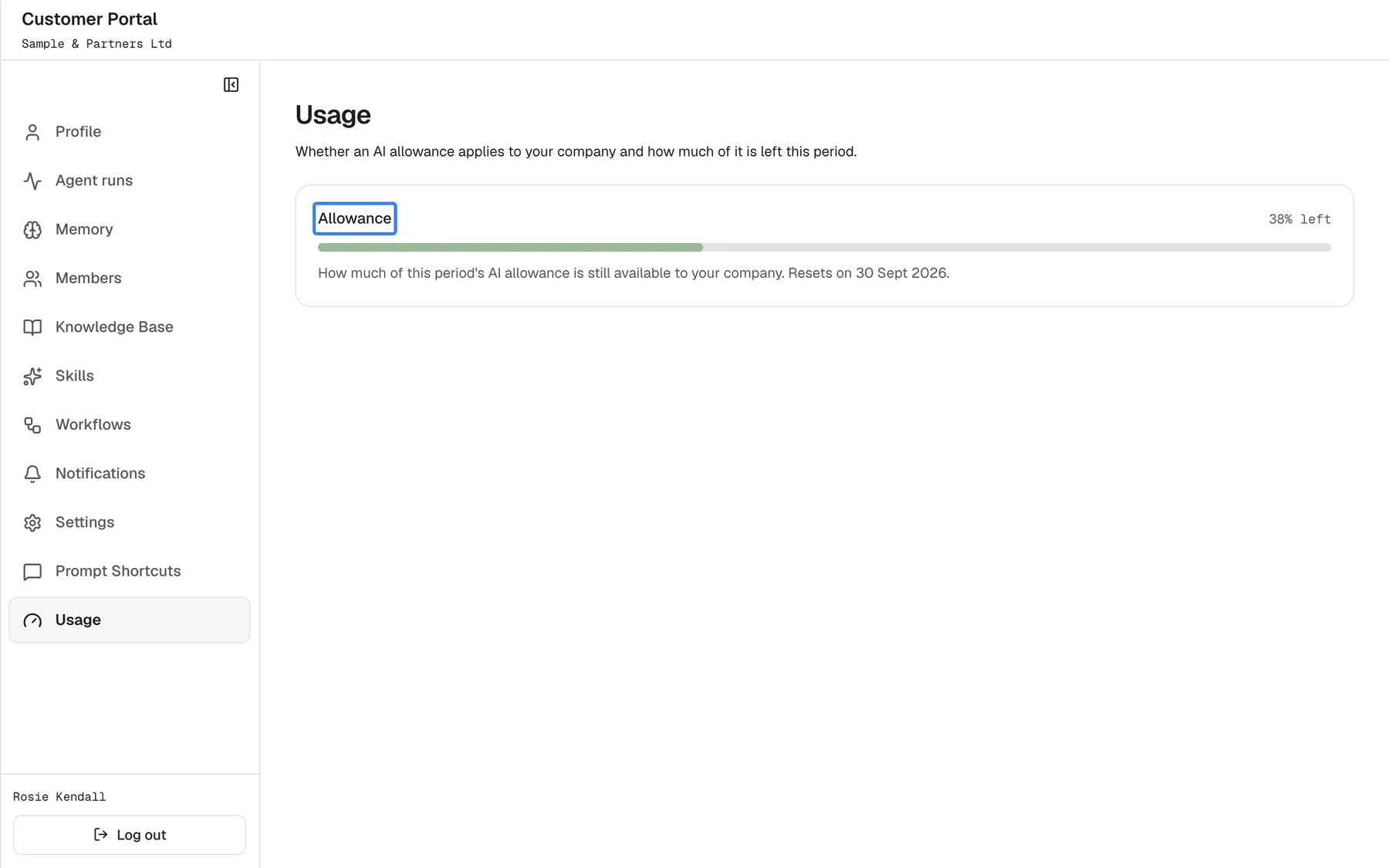 The "Usage" page with the intro "Whether an AI allowance applies to your company and how much of it is left this period.". A card titled "Allowance", highlighted, says "How much of this period's AI allowance is still available to your company.", shows a green bar with "38% left" and the line "Resets on 30 Sept 2026.". No amounts of money or tokens are shown, only the share that is left.