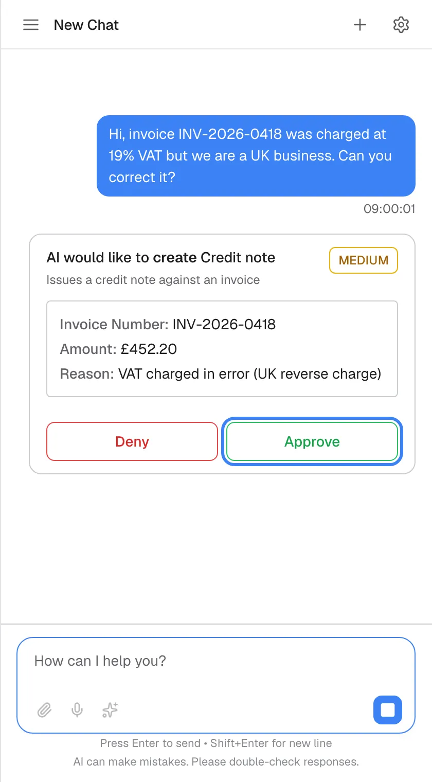 Under your request to correct the VAT on invoice INV-2026-0418, the assistant shows an approval card instead of acting. It reads "AI would like to create Credit note", with the description "Issues a credit note against an invoice" and a yellow "MEDIUM" risk badge. A box lists what it would send: "Invoice Number: INV-2026-0418", "Amount: £452.20" and "Reason: VAT charged in error (UK reverse charge)". Below are the red "Deny" button and the green "Approve" button, highlighted. The answer continues only after you decide.