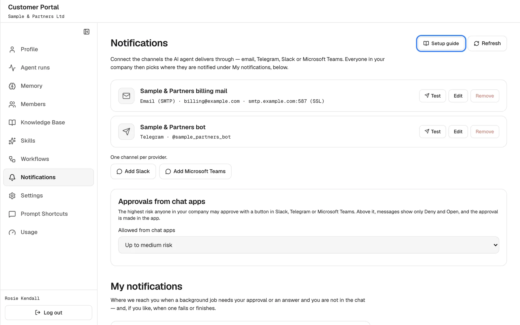 The Customer Portal's "Notifications" page as a Customer Admin. The intro reads "Connect the channels the AI agent delivers through — email, Telegram, Slack or Microsoft Teams. Everyone in your company then picks where they are notified under My notifications, below." Two channel cards follow: "Sample & Partners billing mail" (Email (SMTP), smtp.example.com:587) and "Sample & Partners bot" (Telegram, @sample_partners_bot), each with "Test", "Edit" and "Remove". At the top right are the highlighted "Setup guide" button, which opens the setup steps in a side panel, and "Refresh".