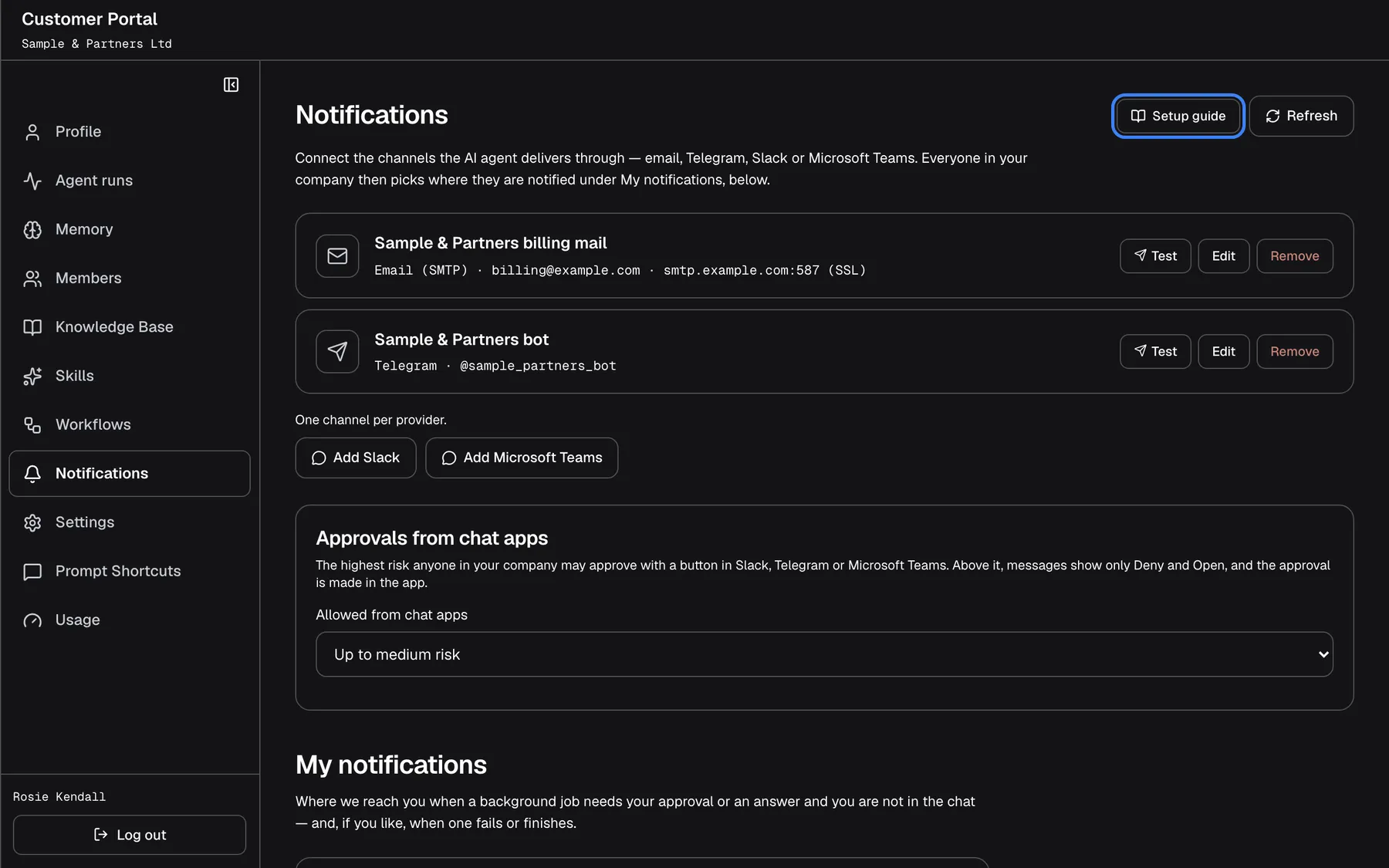 The Customer Portal's "Notifications" page as a Customer Admin. The intro reads "Connect the channels the AI agent delivers through — email, Telegram, Slack or Microsoft Teams. Everyone in your company then picks where they are notified under My notifications, below." Two channel cards follow: "Sample & Partners billing mail" (Email (SMTP), smtp.example.com:587) and "Sample & Partners bot" (Telegram, @sample_partners_bot), each with "Test", "Edit" and "Remove". At the top right are the highlighted "Setup guide" button, which opens the setup steps in a side panel, and "Refresh".