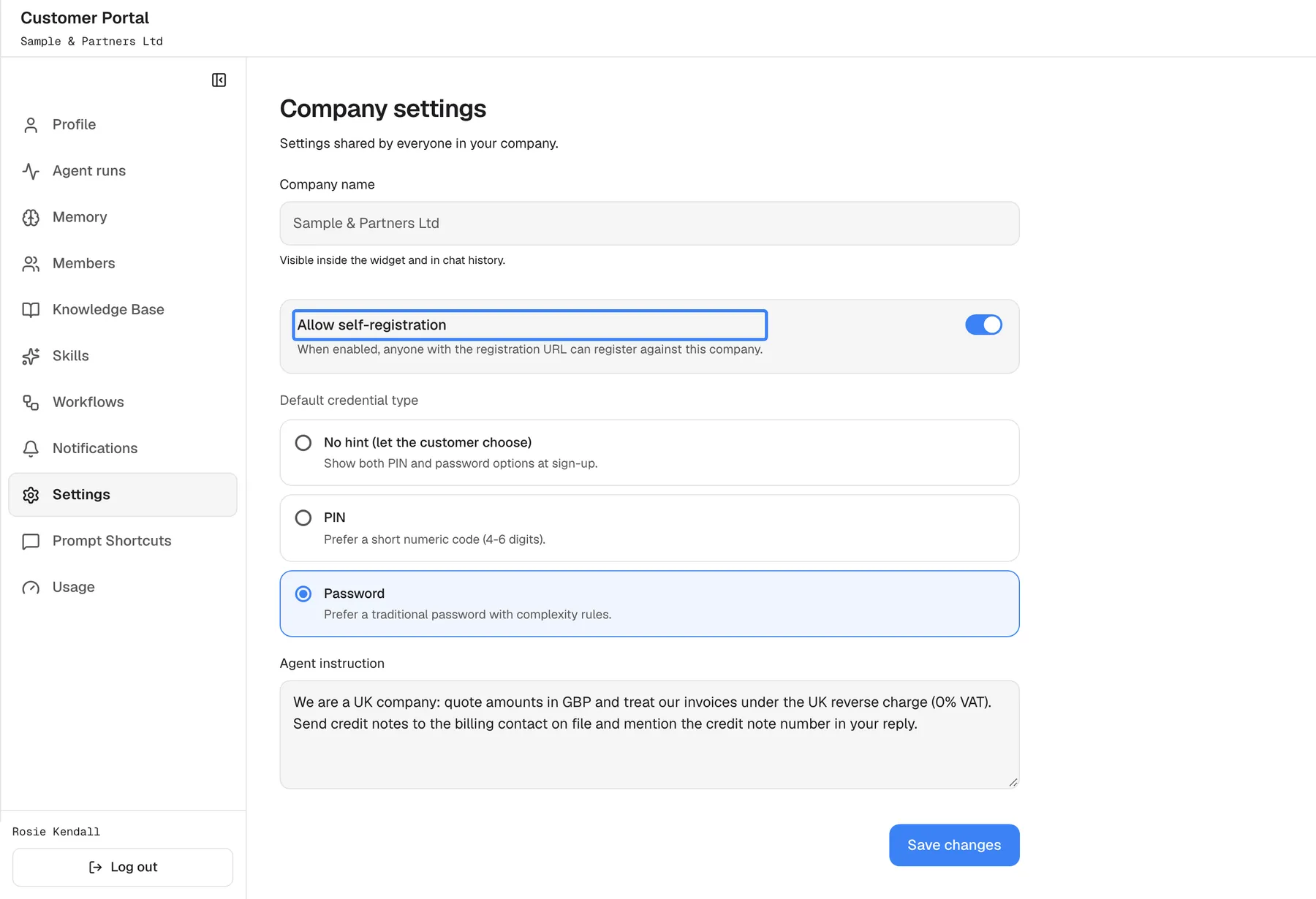 The "Company settings" page, "Settings shared by everyone in your company.". "Company name" shows "Sample & Partners Ltd" greyed out with "Visible inside the widget and in chat history.". The switch "Allow self-registration", highlighted, is on: "When enabled, anyone with the registration URL can register against this company.". "Default credential type" offers "No hint", "PIN" and "Password" (selected). "Agent instruction" holds the company's instruction to quote amounts in GBP and use the UK reverse charge. "Save changes" is at the bottom.