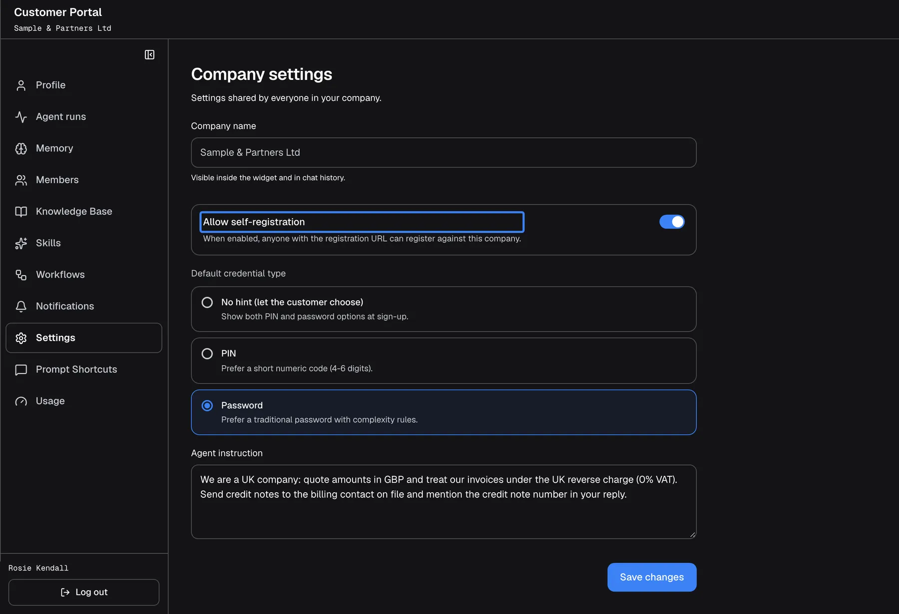 The "Company settings" page, "Settings shared by everyone in your company.". "Company name" shows "Sample & Partners Ltd" greyed out with "Visible inside the widget and in chat history.". The switch "Allow self-registration", highlighted, is on: "When enabled, anyone with the registration URL can register against this company.". "Default credential type" offers "No hint", "PIN" and "Password" (selected). "Agent instruction" holds the company's instruction to quote amounts in GBP and use the UK reverse charge. "Save changes" is at the bottom.