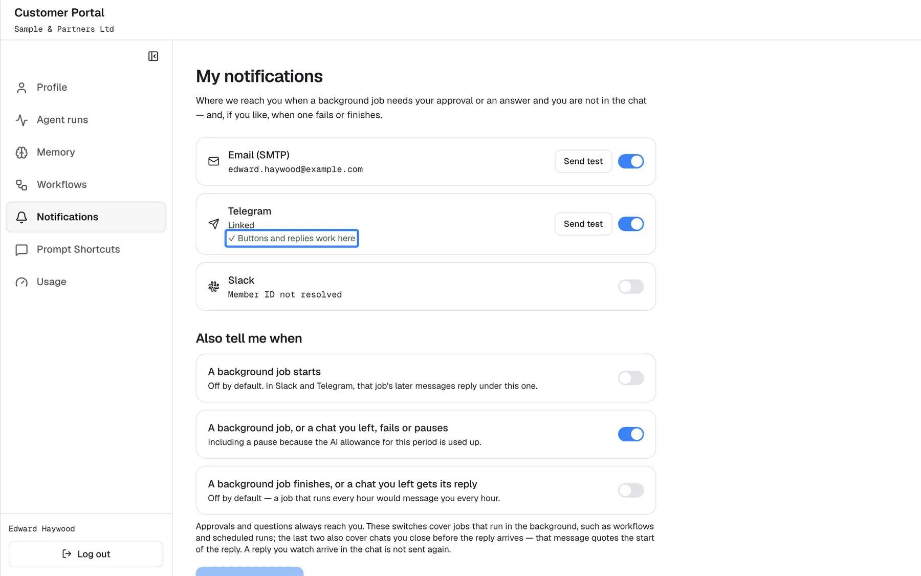 The Notifications page of the Customer Portal with "My notifications". The "Email (SMTP)" card is switched on with "Send test". The "Telegram" card reads "Linked" and, highlighted, "✓ Buttons and replies work here", with "Send test" and its switch on: this account can approve requests, answer questions and chat with the assistant in Telegram. The "Slack" card below is switched off and reads "Member ID not resolved".