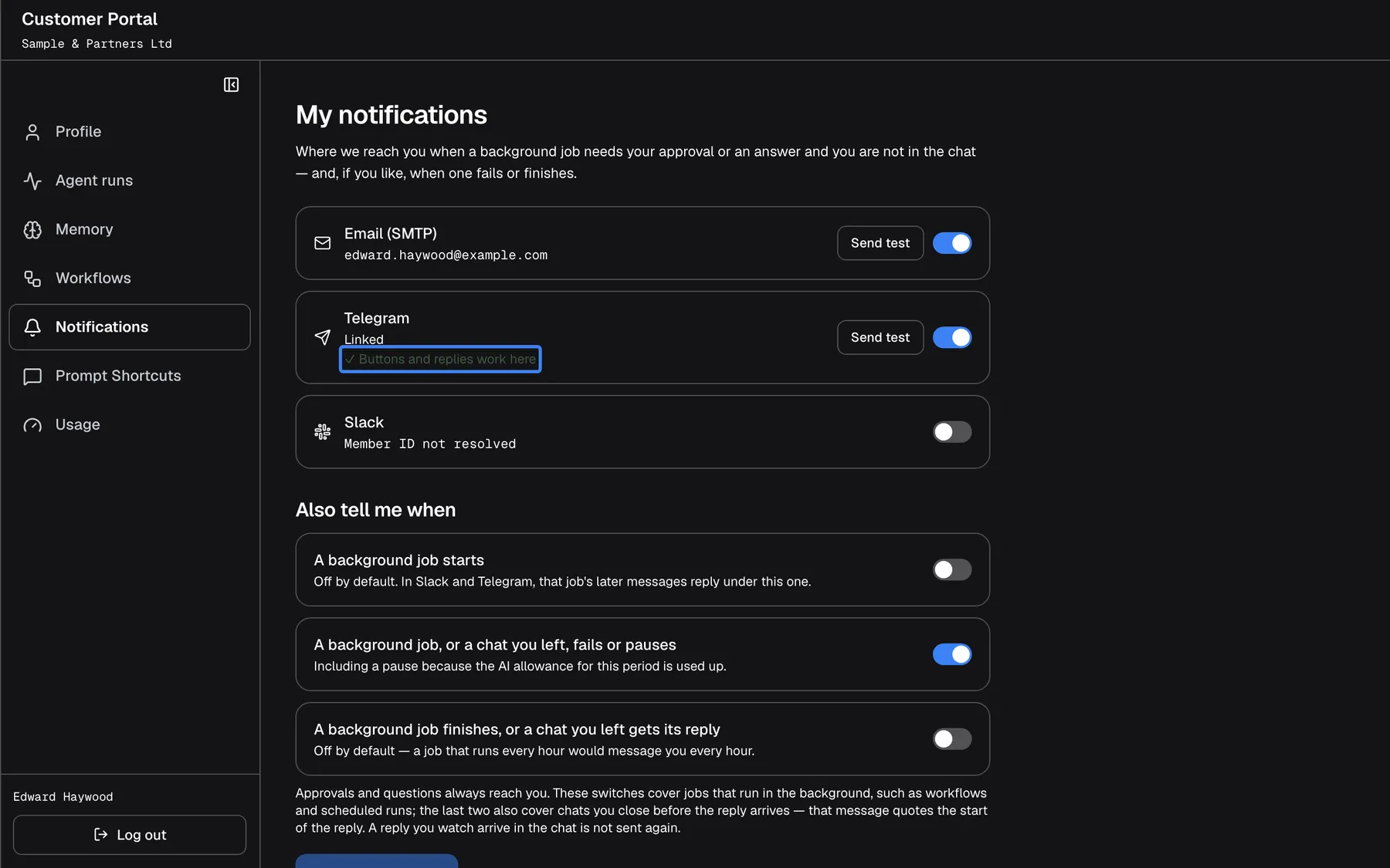 The Notifications page of the Customer Portal with "My notifications". The "Email (SMTP)" card is switched on with "Send test". The "Telegram" card reads "Linked" and, highlighted, "✓ Buttons and replies work here", with "Send test" and its switch on: this account can approve requests, answer questions and chat with the assistant in Telegram. The "Slack" card below is switched off and reads "Member ID not resolved".