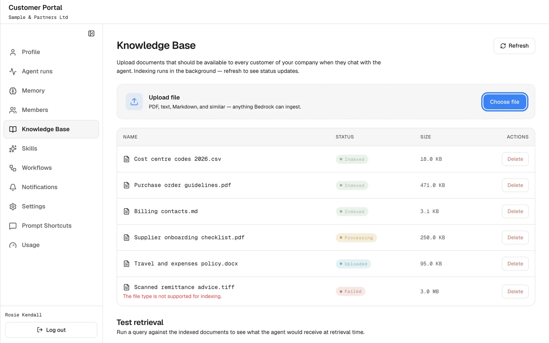 The "Knowledge Base" page with its intro and a "Refresh" button. The "Upload file" card shows an upload hint listing accepted file types (PDF, text, Markdown and similar) and has the button "Choose file", highlighted. Below, a table lists the company's documents with Name, Status, Size and a "Delete" button: three are "Indexed", one is "Processing", one "Uploaded", and "Scanned remittance advice.tiff" is "Failed" with the red note "The file type is not supported for indexing.". The status does not update by itself; use Refresh.