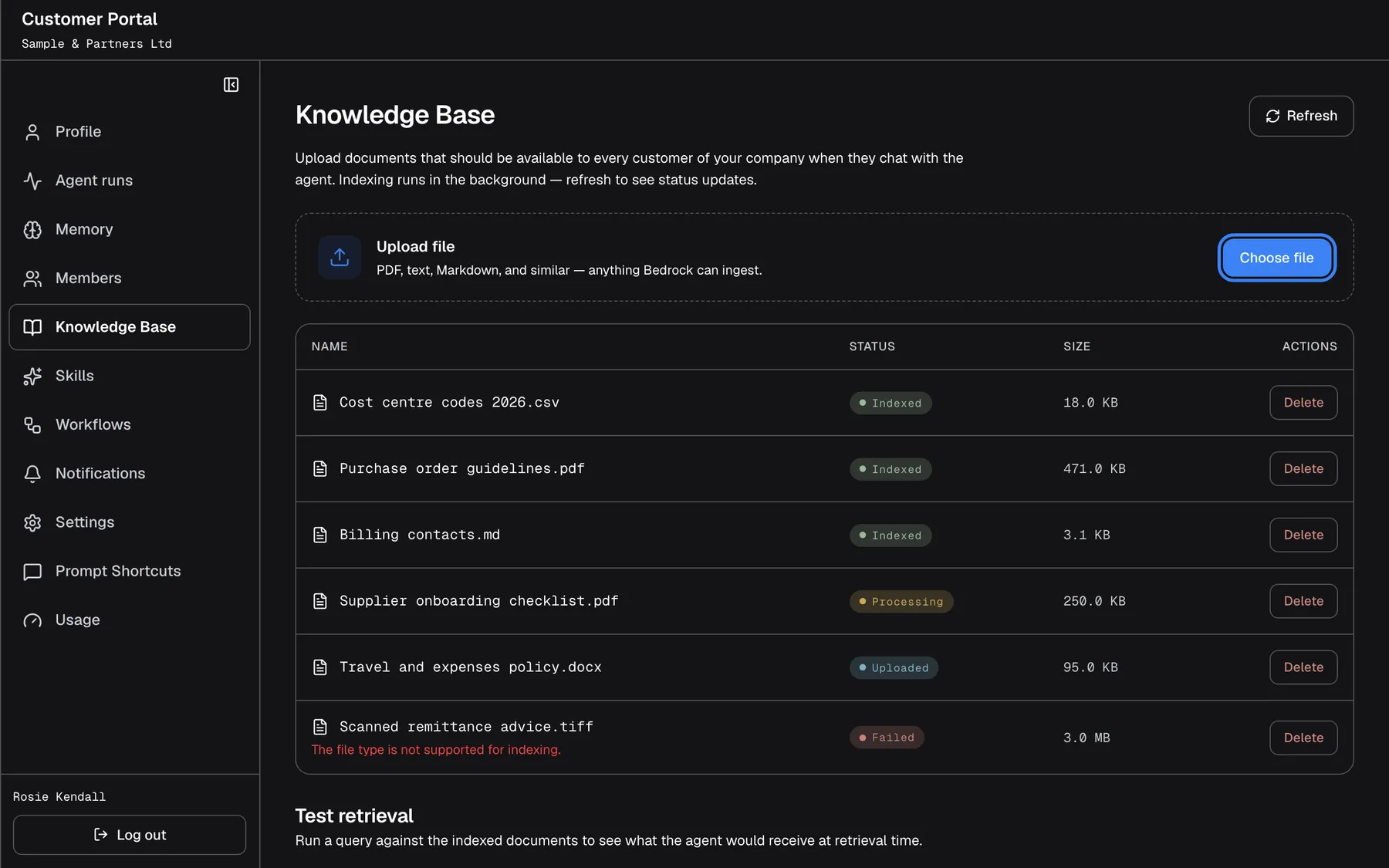 The "Knowledge Base" page with its intro and a "Refresh" button. The "Upload file" card shows an upload hint listing accepted file types (PDF, text, Markdown and similar) and has the button "Choose file", highlighted. Below, a table lists the company's documents with Name, Status, Size and a "Delete" button: three are "Indexed", one is "Processing", one "Uploaded", and "Scanned remittance advice.tiff" is "Failed" with the red note "The file type is not supported for indexing.". The status does not update by itself; use Refresh.