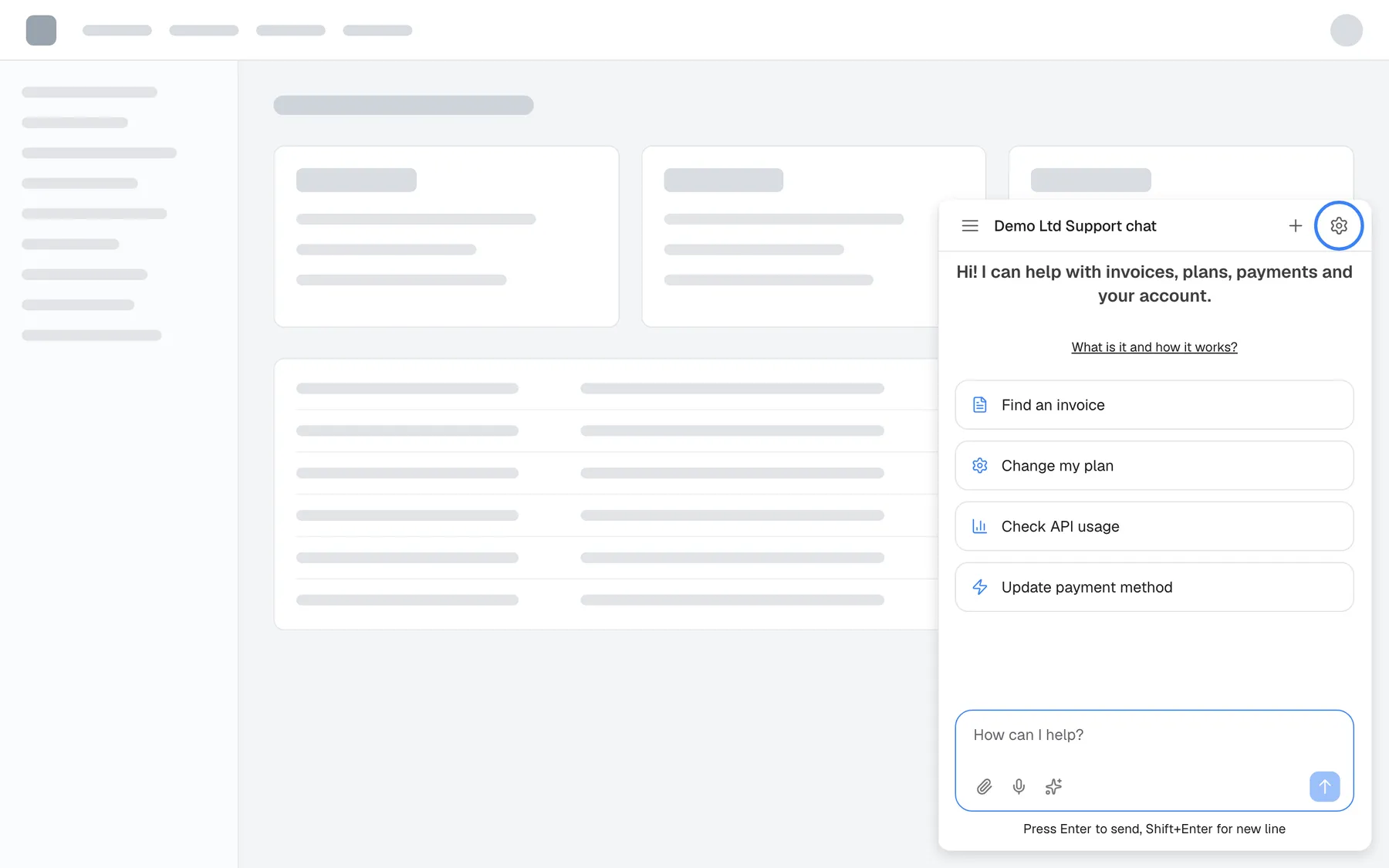 The assistant open in the bottom-right corner of the provider's product, showing its welcome screen with four shortcut cards. In the window's top bar, to the right of the title "Demo Ltd Support chat" and the plus icon, the gear icon "Configure" is highlighted. It appears only after you have signed in and when your provider has switched the customer portal on; selecting it opens the portal.