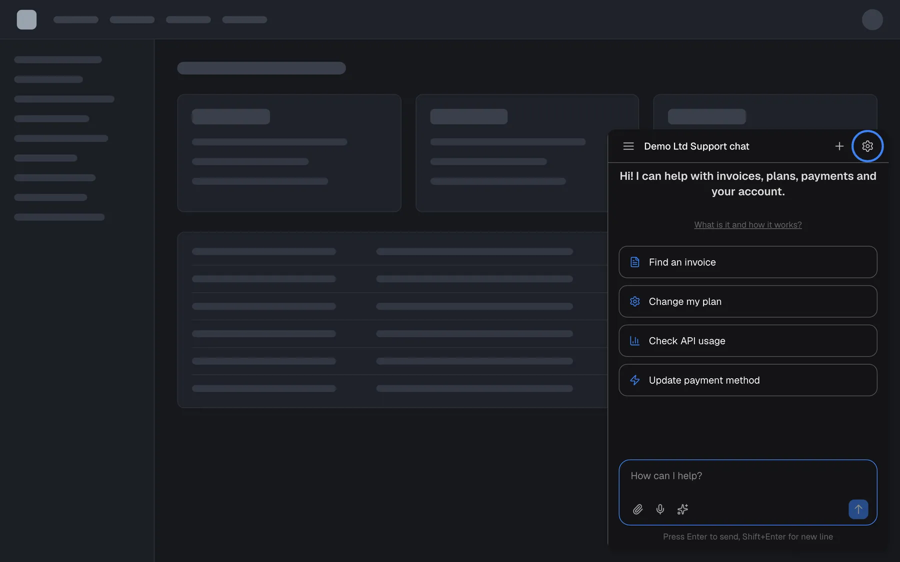 The assistant open in the bottom-right corner of the provider's product, showing its welcome screen with four shortcut cards. In the window's top bar, to the right of the title "Demo Ltd Support chat" and the plus icon, the gear icon "Configure" is highlighted. It appears only after you have signed in and when your provider has switched the customer portal on; selecting it opens the portal.