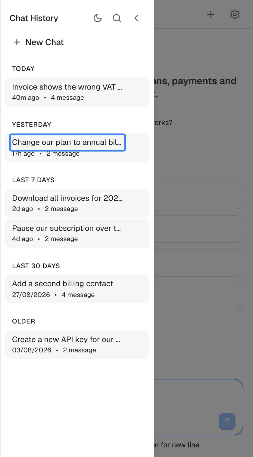 The "Chat History" sidebar, opened with the menu icon, slides over the chat from the left. At the top are a moon icon for dark mode, a search icon, an arrow to close it and "New Chat". Your past chats are grouped under "TODAY", "YESTERDAY", "LAST 7 DAYS", "LAST 30 DAYS" and "OLDER", each with its title, how long ago it was updated and a message count. The chat "Change our plan to annual billing" under "YESTERDAY" is highlighted; selecting a chat reopens it.