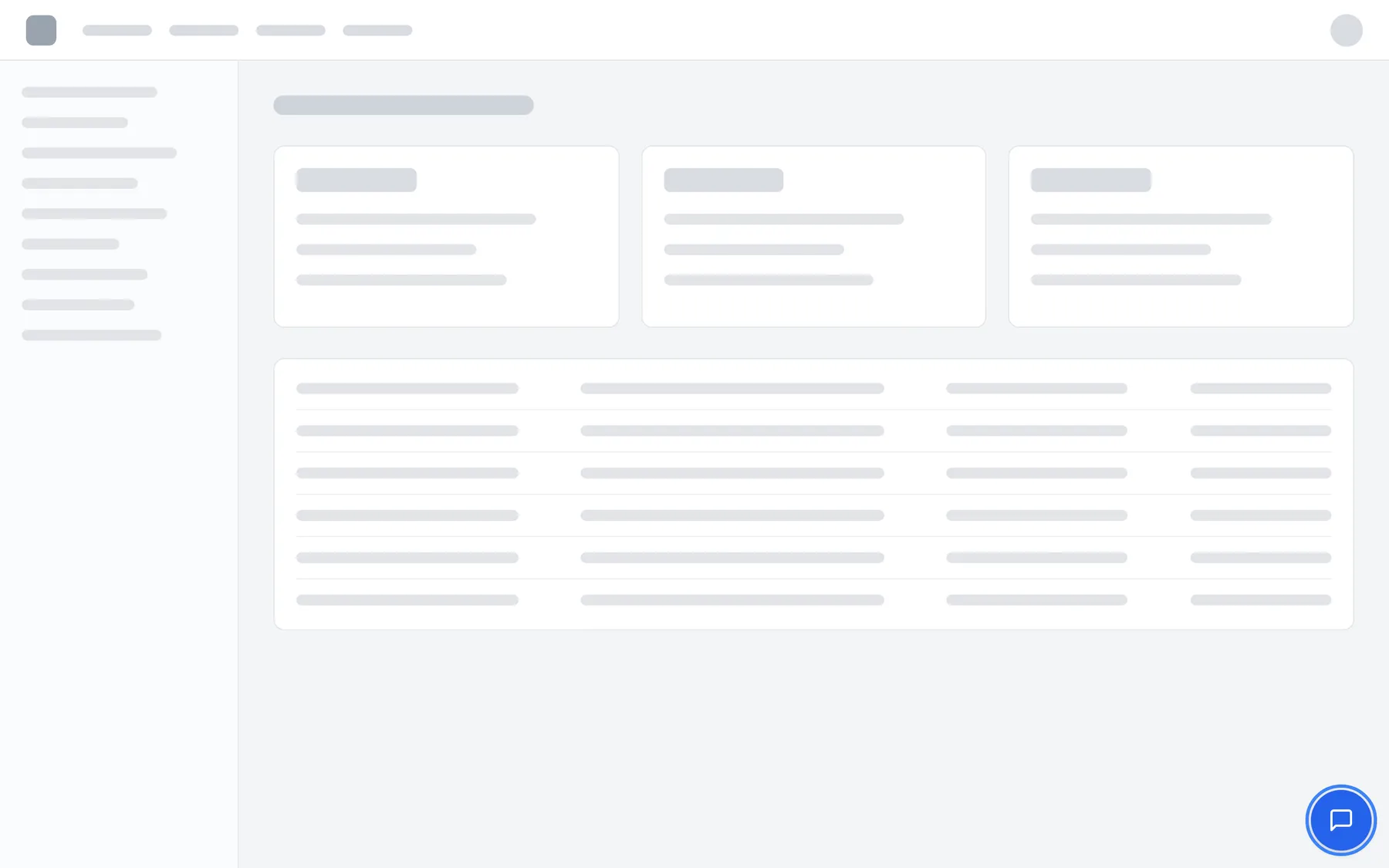 A web application with grey placeholder content, standing in for your provider's product. In the bottom-right corner a round blue button with a white speech-bubble icon is highlighted; it carries no text. This is the assistant's launcher button. Selecting it opens the chat window in the same corner. Its position, colour, size and icon are chosen by your provider, so it can look different in other products.