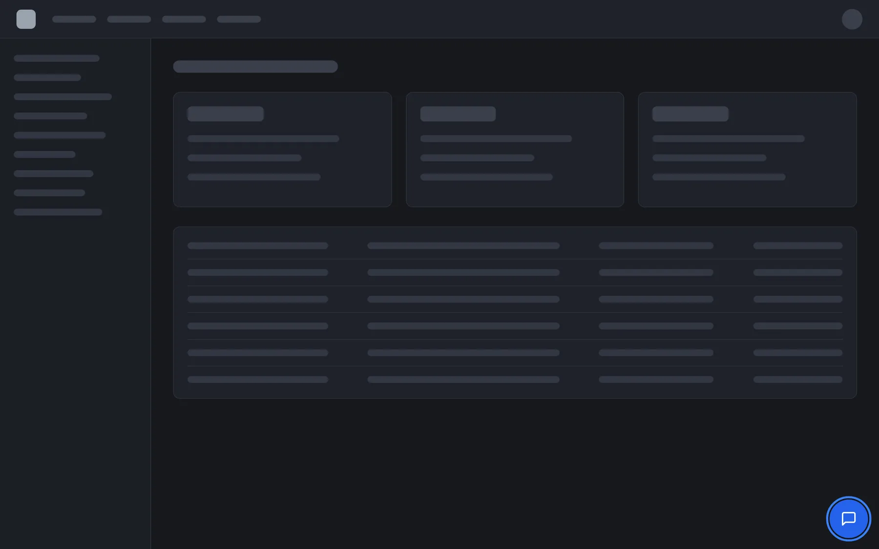 A web application with grey placeholder content, standing in for your provider's product. In the bottom-right corner a round blue button with a white speech-bubble icon is highlighted; it carries no text. This is the assistant's launcher button. Selecting it opens the chat window in the same corner. Its position, colour, size and icon are chosen by your provider, so it can look different in other products.