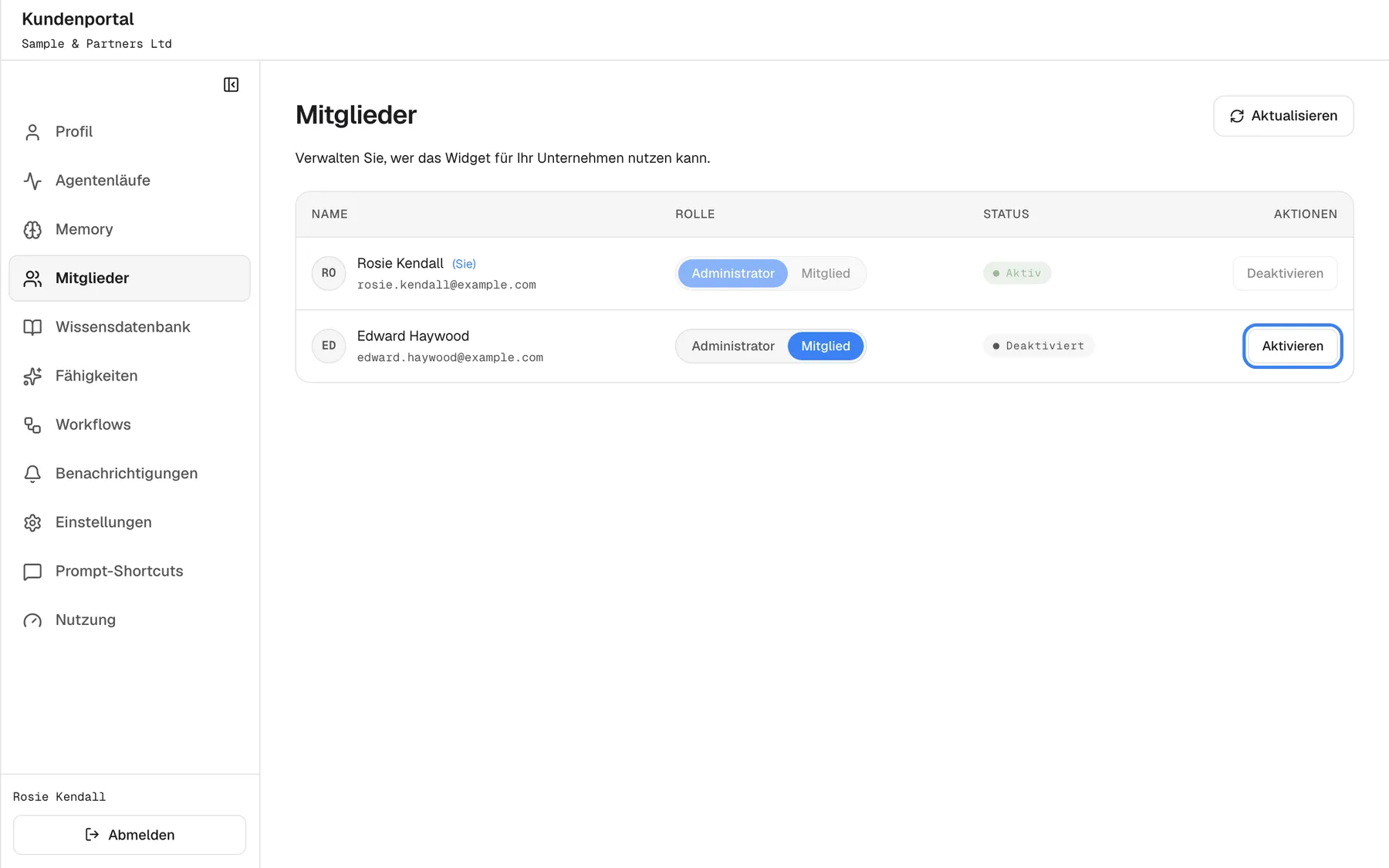 Die Seite „Mitglieder“ mit der Einleitung „Verwalten Sie, wer das Widget für Ihr Unternehmen nutzen kann.“ und „Aktualisieren“. Die Tabelle hat die Spalten Name, Rolle, Status und Aktionen. „Rosie Kendall (Sie)“ ist „Administrator“, „Aktiv“; ihr eigener Rollenschalter und „Deaktivieren“ sind ausgegraut. „Edward Haywood“ ist „Mitglied“ mit dem Status „Deaktiviert“; seine Schaltfläche „Aktivieren“ ist hervorgehoben. Rollenwechsel sowie Aktivieren und Deaktivieren wirken sofort, ohne Rückfrage. Einladen lässt sich hier niemand.