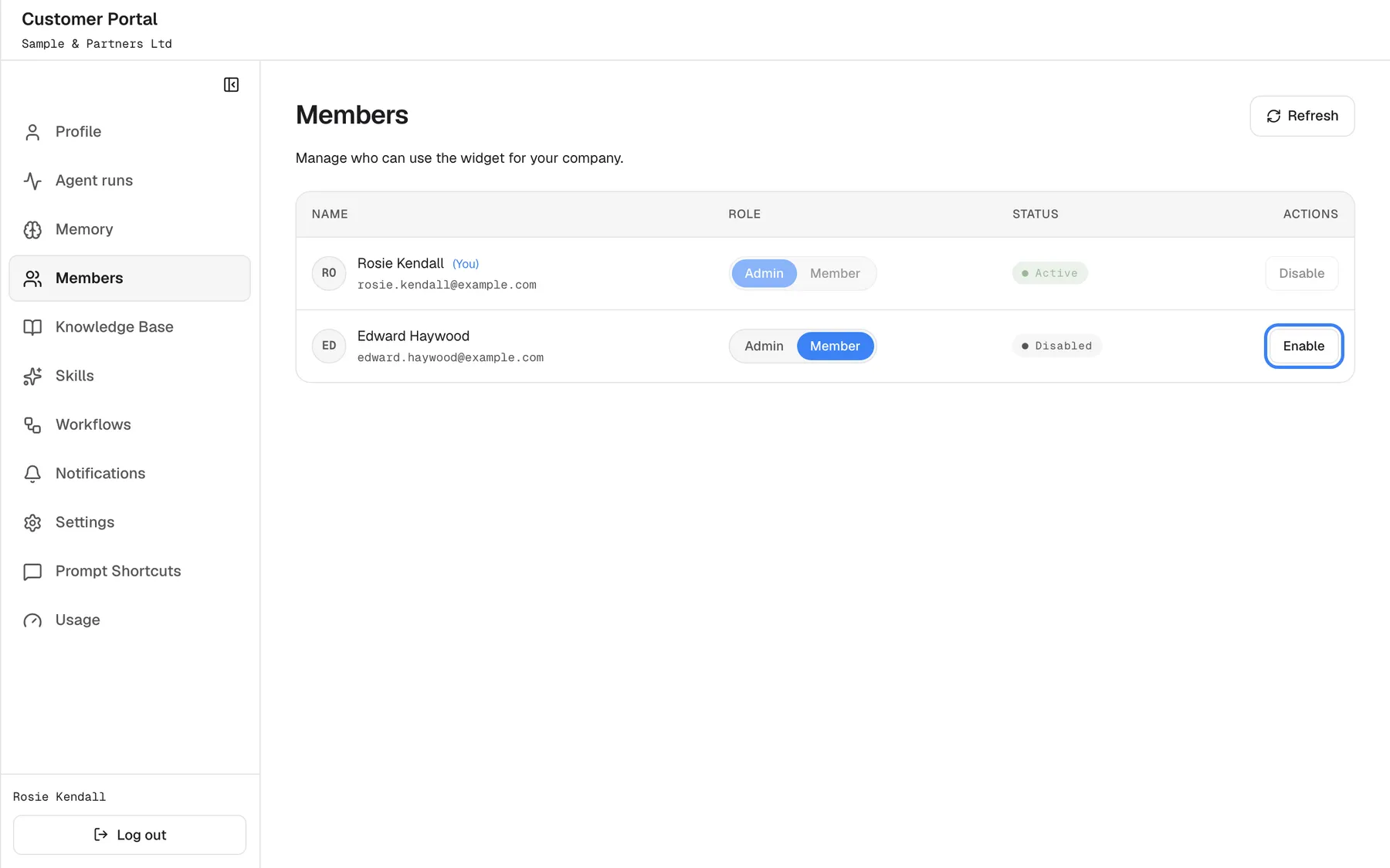 The "Members" page with the intro "Manage who can use the widget for your company." and a "Refresh" button. The table has the columns Name, Role, Status and Actions. "Rosie Kendall (You)" is "Admin", "Active", and her own role switch and "Disable" button are greyed out. "Edward Haywood" is "Member" with the status "Disabled"; his "Enable" button is highlighted. Role changes and enabling or disabling apply at once, without a confirmation. There is no way to invite people here.
