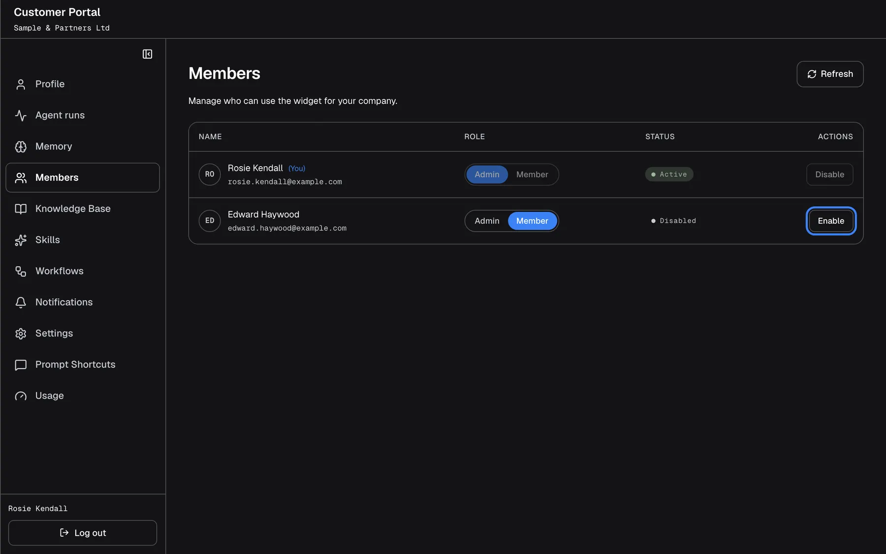 The "Members" page with the intro "Manage who can use the widget for your company." and a "Refresh" button. The table has the columns Name, Role, Status and Actions. "Rosie Kendall (You)" is "Admin", "Active", and her own role switch and "Disable" button are greyed out. "Edward Haywood" is "Member" with the status "Disabled"; his "Enable" button is highlighted. Role changes and enabling or disabling apply at once, without a confirmation. There is no way to invite people here.