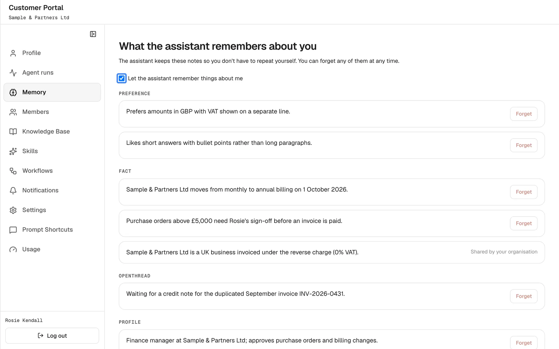 The "Memory" page titled "What the assistant remembers about you", with the intro "The assistant keeps these notes so you don't have to repeat yourself. You can forget any of them at any time.". The ticked checkbox "Let the assistant remember things about me" is highlighted. Below, notes are grouped under "Preference", "Fact", "OpenThread" and "Profile", for example "Prefers amounts in GBP with VAT shown on a separate line.", each with a "Forget" button. Unticking the box stops the assistant using and learning notes; existing notes stay.