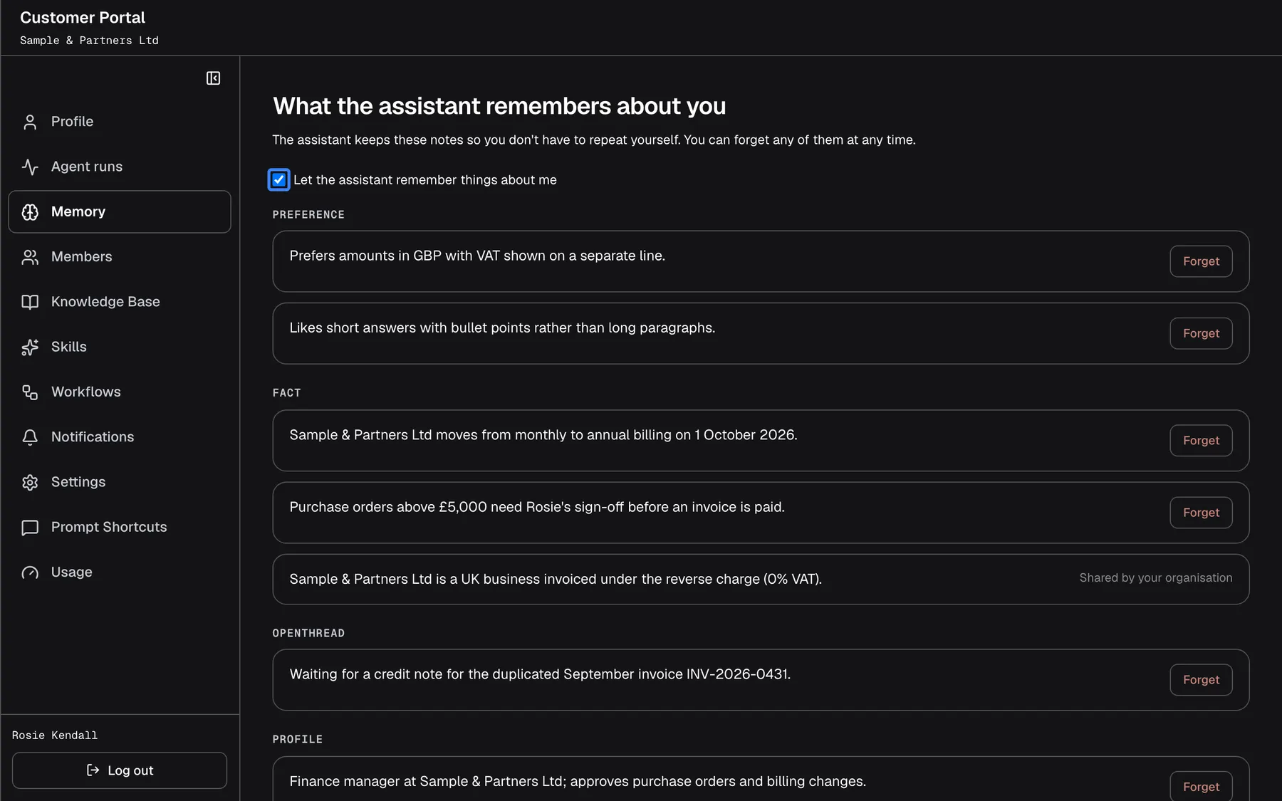 The "Memory" page titled "What the assistant remembers about you", with the intro "The assistant keeps these notes so you don't have to repeat yourself. You can forget any of them at any time.". The ticked checkbox "Let the assistant remember things about me" is highlighted. Below, notes are grouped under "Preference", "Fact", "OpenThread" and "Profile", for example "Prefers amounts in GBP with VAT shown on a separate line.", each with a "Forget" button. Unticking the box stops the assistant using and learning notes; existing notes stay.