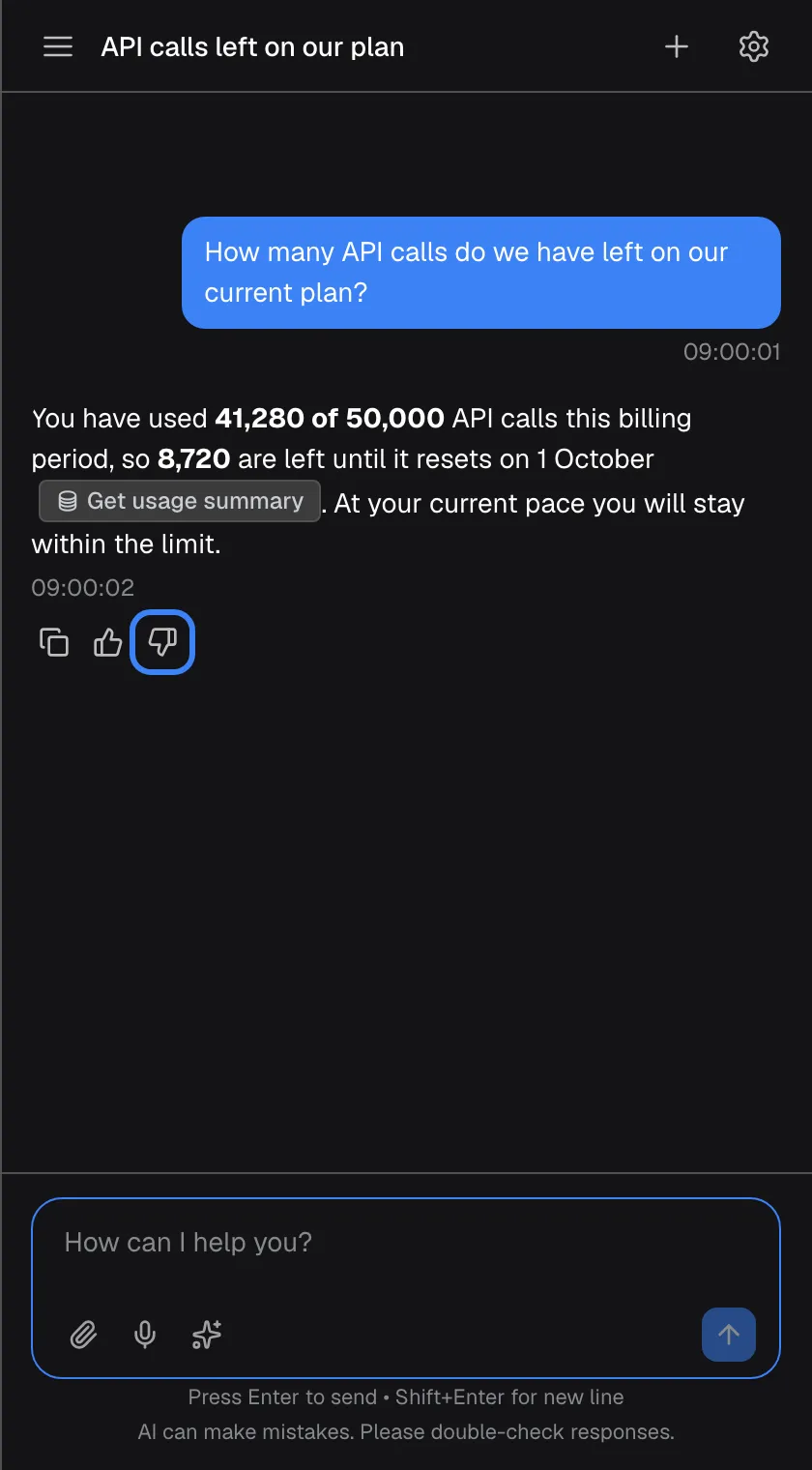 A chat titled "API calls left on our plan". The assistant answers that you have used 41,280 of 50,000 API calls this billing period, so 8,720 are left until 1 October, with a "Get usage summary" badge. Under the answer are three icons: "Copy message", "Good response" (thumbs up) and "Bad response" (thumbs down), the last one highlighted. Thumbs up is sent at once; thumbs down first asks what was wrong.