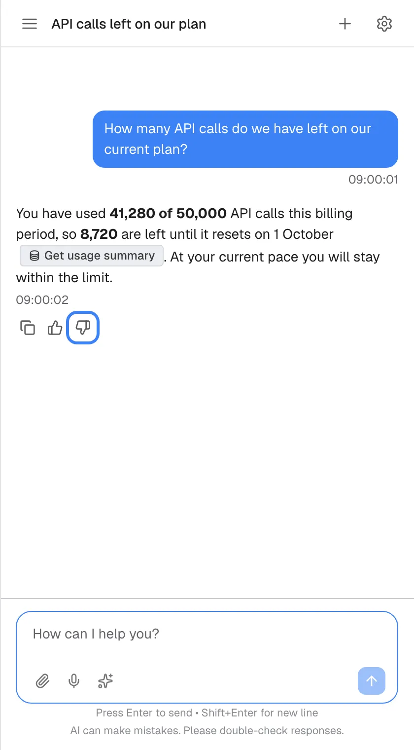 A chat titled "API calls left on our plan". The assistant answers that you have used 41,280 of 50,000 API calls this billing period, so 8,720 are left until 1 October, with a "Get usage summary" badge. Under the answer are three icons: "Copy message", "Good response" (thumbs up) and "Bad response" (thumbs down), the last one highlighted. Thumbs up is sent at once; thumbs down first asks what was wrong.