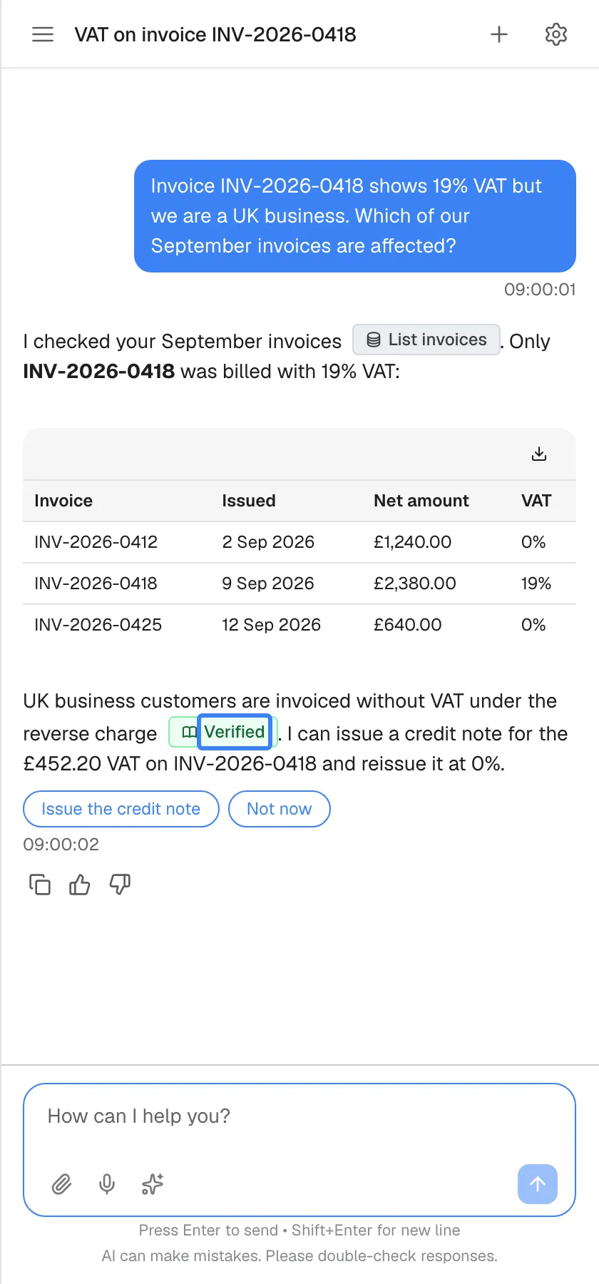 An answer about September invoices. In the first sentence a grey badge with a database icon, "List invoices", shows that the figures came from one of your provider's systems. Further down, after the explanation of the UK reverse charge, a green badge with a book icon, "Verified", is highlighted: it means the sentence is based on your provider's own documents; hovering over it shows which ones. Between them is a table of three invoices with a download icon.