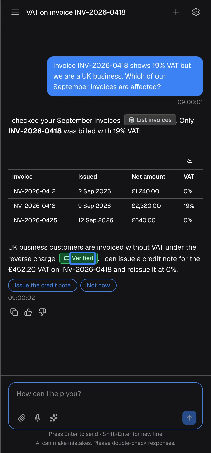 An answer about September invoices. In the first sentence a grey badge with a database icon, "List invoices", shows that the figures came from one of your provider's systems. Further down, after the explanation of the UK reverse charge, a green badge with a book icon, "Verified", is highlighted: it means the sentence is based on your provider's own documents; hovering over it shows which ones. Between them is a table of three invoices with a download icon.