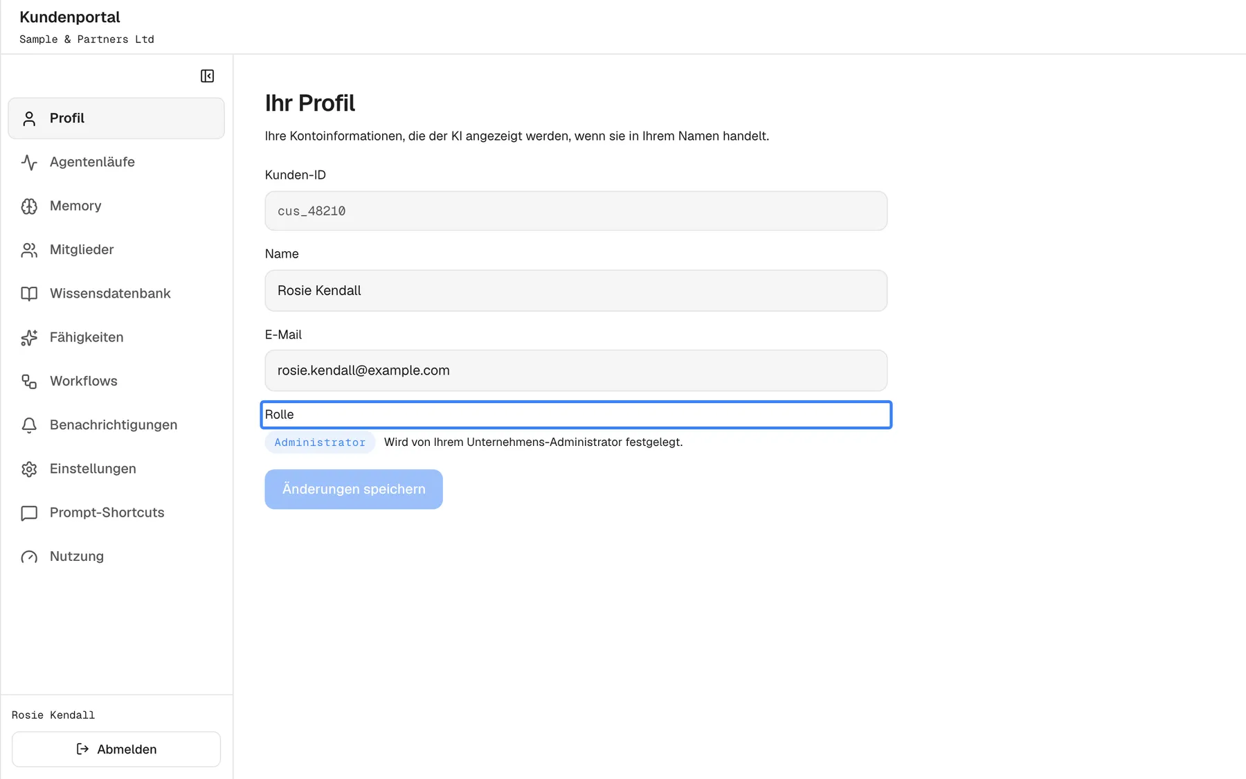 Die Seite „Profil“ des Kundenportals mit dem Titel „Ihr Profil“ und der Einleitung „Ihre Kontoinformationen, die der KI angezeigt werden, wenn sie in Ihrem Namen handelt.“. Sie zeigt die nicht änderbare „Kunden-ID“ „cus_48210“, das Feld „Name“ mit „Rosie Kendall“, das Feld „E-Mail“ mit „rosie.kendall@example.com“ und, hervorgehoben, „Rolle“ mit dem Abzeichen „Administrator“ und dem Hinweis „Wird von Ihrem Unternehmens-Administrator festgelegt.“. „Änderungen speichern“ bleibt ausgegraut, bis Sie etwas ändern.