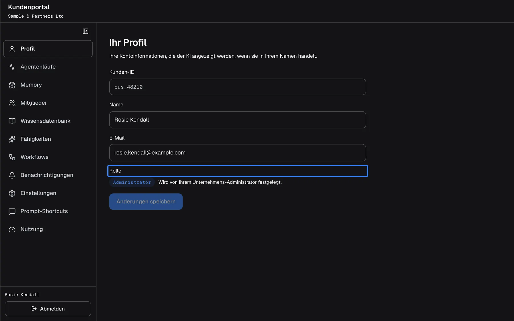 Die Seite „Profil“ des Kundenportals mit dem Titel „Ihr Profil“ und der Einleitung „Ihre Kontoinformationen, die der KI angezeigt werden, wenn sie in Ihrem Namen handelt.“. Sie zeigt die nicht änderbare „Kunden-ID“ „cus_48210“, das Feld „Name“ mit „Rosie Kendall“, das Feld „E-Mail“ mit „rosie.kendall@example.com“ und, hervorgehoben, „Rolle“ mit dem Abzeichen „Administrator“ und dem Hinweis „Wird von Ihrem Unternehmens-Administrator festgelegt.“. „Änderungen speichern“ bleibt ausgegraut, bis Sie etwas ändern.
