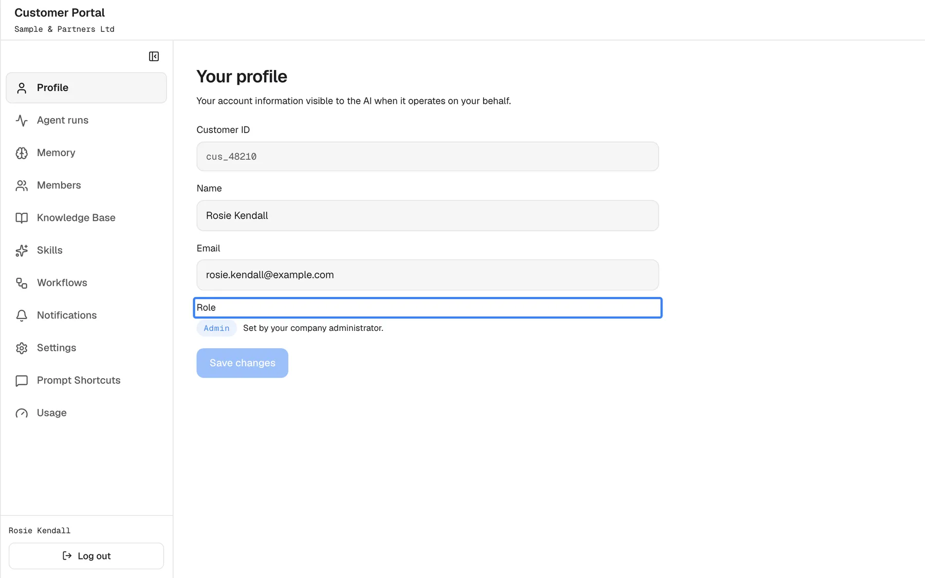 The "Profile" page of the customer portal, titled "Your profile", with the intro "Your account information visible to the AI when it operates on your behalf.". It shows the read-only "Customer ID" "cus_48210", the "Name" field with "Rosie Kendall", the "Email" field with "rosie.kendall@example.com", and, highlighted, "Role" with an "Admin" badge and the note "Set by your company administrator.". The "Save changes" button is greyed out until you change something.
