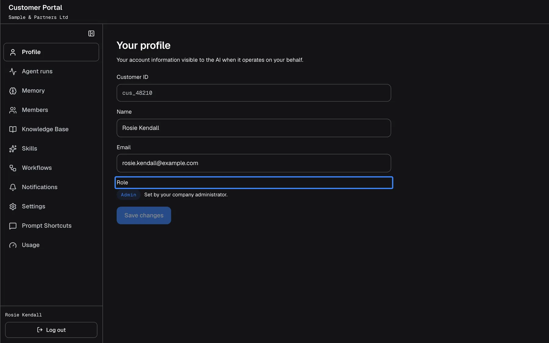 The "Profile" page of the customer portal, titled "Your profile", with the intro "Your account information visible to the AI when it operates on your behalf.". It shows the read-only "Customer ID" "cus_48210", the "Name" field with "Rosie Kendall", the "Email" field with "rosie.kendall@example.com", and, highlighted, "Role" with an "Admin" badge and the note "Set by your company administrator.". The "Save changes" button is greyed out until you change something.