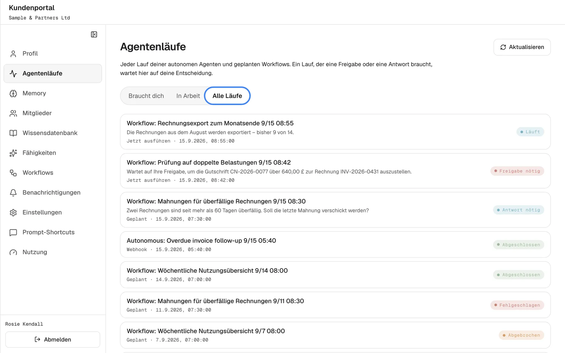 Die Seite „Agentenläufe“ mit ausgewähltem, hervorgehobenem Filter „Alle Läufe“. Die Liste zeigt alle Läufe, die neuesten zuerst, mit Status: „Workflow: Rechnungsexport zum Monatsende 9/15 08:55“ („Läuft“), „Workflow: Prüfung auf doppelte Belastungen 9/15 08:42“ („Freigabe nötig“), „Workflow: Mahnungen für überfällige Rechnungen 9/15 08:30“ („Antwort nötig“), „Autonomous: Overdue invoice follow-up 9/15 05:40“ und „Workflow: Wöchentliche Nutzungsübersicht 9/14 08:00“ („Abgeschlossen“), einen fehlgeschlagenen Mahnungslauf und einen abgebrochenen Übersichtslauf. Jede Zeile nennt, wie der Lauf gestartet wurde („Jetzt ausführen“, „Geplant“ oder „Webhook“), und wann; Unterhaltungen im Chat erscheinen hier nicht.