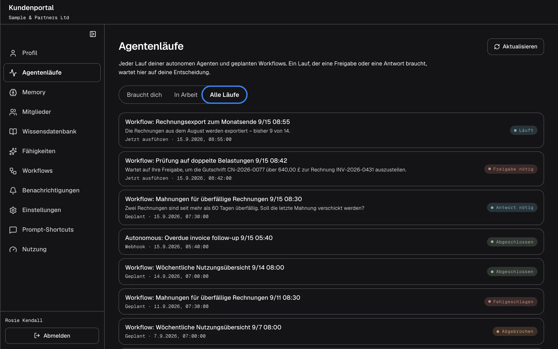 Die Seite „Agentenläufe“ mit ausgewähltem, hervorgehobenem Filter „Alle Läufe“. Die Liste zeigt alle Läufe, die neuesten zuerst, mit Status: „Workflow: Rechnungsexport zum Monatsende 9/15 08:55“ („Läuft“), „Workflow: Prüfung auf doppelte Belastungen 9/15 08:42“ („Freigabe nötig“), „Workflow: Mahnungen für überfällige Rechnungen 9/15 08:30“ („Antwort nötig“), „Autonomous: Overdue invoice follow-up 9/15 05:40“ und „Workflow: Wöchentliche Nutzungsübersicht 9/14 08:00“ („Abgeschlossen“), einen fehlgeschlagenen Mahnungslauf und einen abgebrochenen Übersichtslauf. Jede Zeile nennt, wie der Lauf gestartet wurde („Jetzt ausführen“, „Geplant“ oder „Webhook“), und wann; Unterhaltungen im Chat erscheinen hier nicht.