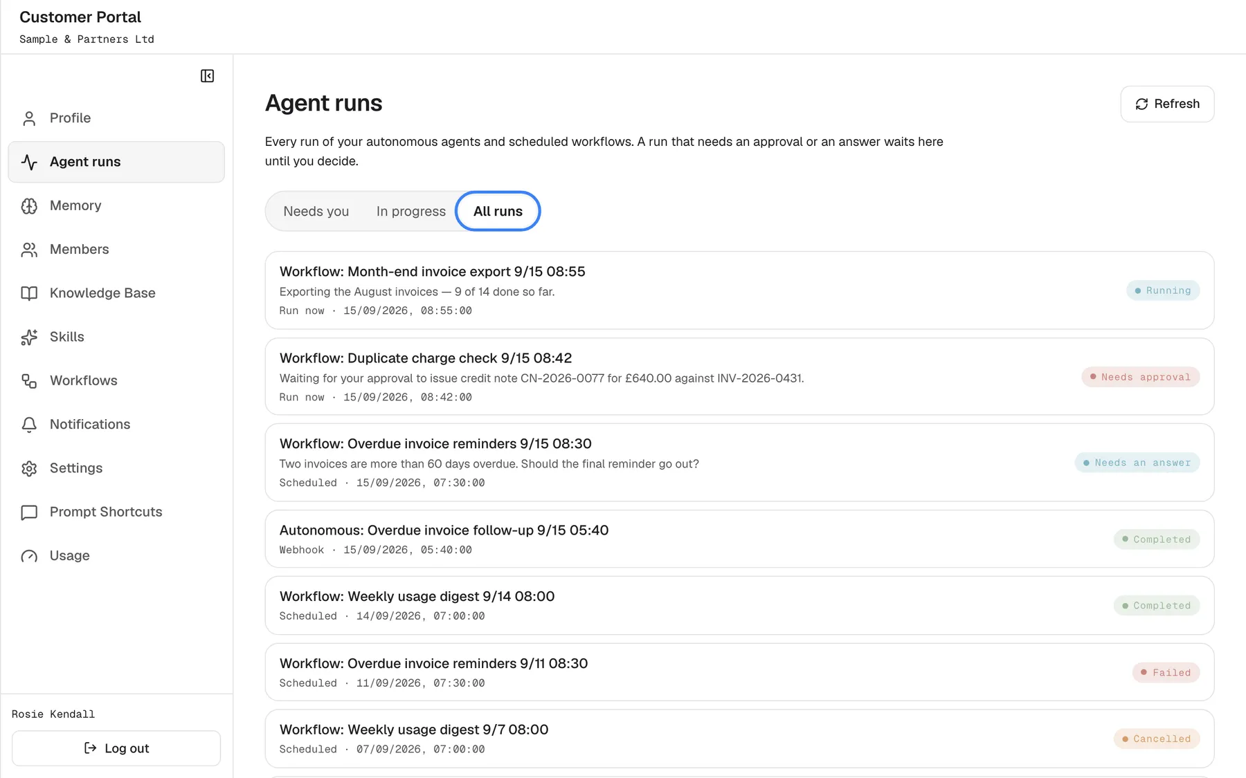 The "Agent runs" page with the filter "All runs" selected and highlighted. The list shows every run, newest first, with its status: "Workflow: Month-end invoice export 9/15 08:55" ("Running"), "Workflow: Duplicate charge check 9/15 08:42" ("Needs approval"), "Workflow: Overdue invoice reminders 9/15 08:30" ("Needs an answer"), "Autonomous: Overdue invoice follow-up 9/15 05:40" and "Workflow: Weekly usage digest 9/14 08:00" ("Completed"), a failed reminder run and a cancelled digest run. Each row shows how the run was started ("Run now", "Scheduled" or "Webhook") and when; conversations in the chat are not listed here.