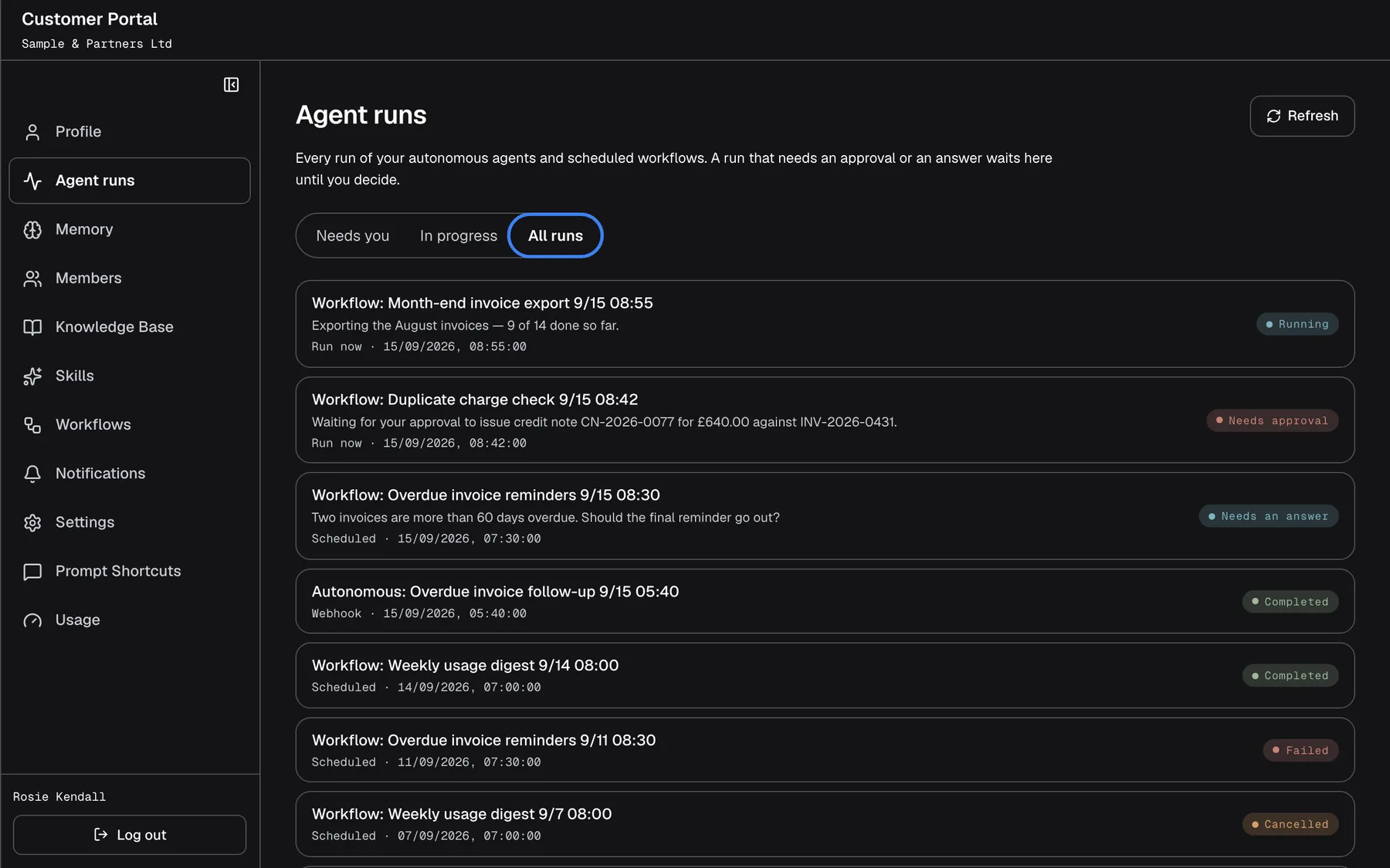 The "Agent runs" page with the filter "All runs" selected and highlighted. The list shows every run, newest first, with its status: "Workflow: Month-end invoice export 9/15 08:55" ("Running"), "Workflow: Duplicate charge check 9/15 08:42" ("Needs approval"), "Workflow: Overdue invoice reminders 9/15 08:30" ("Needs an answer"), "Autonomous: Overdue invoice follow-up 9/15 05:40" and "Workflow: Weekly usage digest 9/14 08:00" ("Completed"), a failed reminder run and a cancelled digest run. Each row shows how the run was started ("Run now", "Scheduled" or "Webhook") and when; conversations in the chat are not listed here.