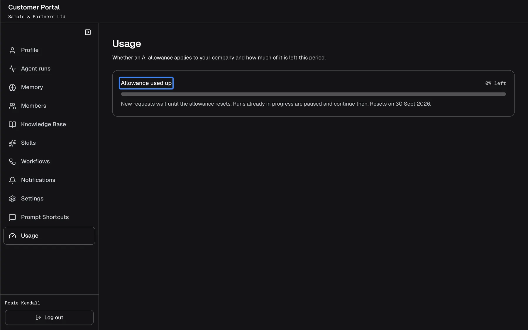 The "Usage" page when the allowance is used up. The card is titled "Allowance used up", highlighted, shows an empty bar with "0% left" and says "New requests wait until the allowance resets. Runs already in progress are paused and continue then.", followed by "Resets on 30 Sept 2026.". Until then the assistant does not answer new messages.