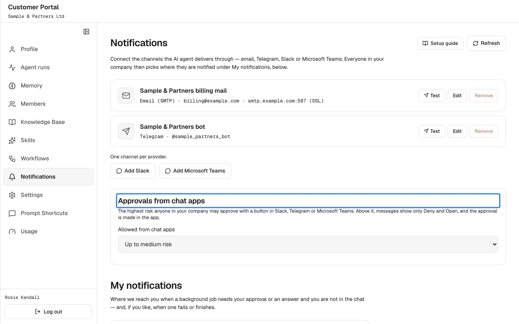 The middle of the Customer Portal's Notifications page. Below the two channel cards, "One channel per provider." and the buttons "Add Slack" and "Add Microsoft Teams" is the highlighted card "Approvals from chat apps": "The highest risk anyone in your company may approve with a button in Slack, Telegram or Microsoft Teams. Above it, messages show only Deny and Open, and the approval is made in the app." The list "Allowed from chat apps" reads "Up to medium risk". Below starts "My notifications".