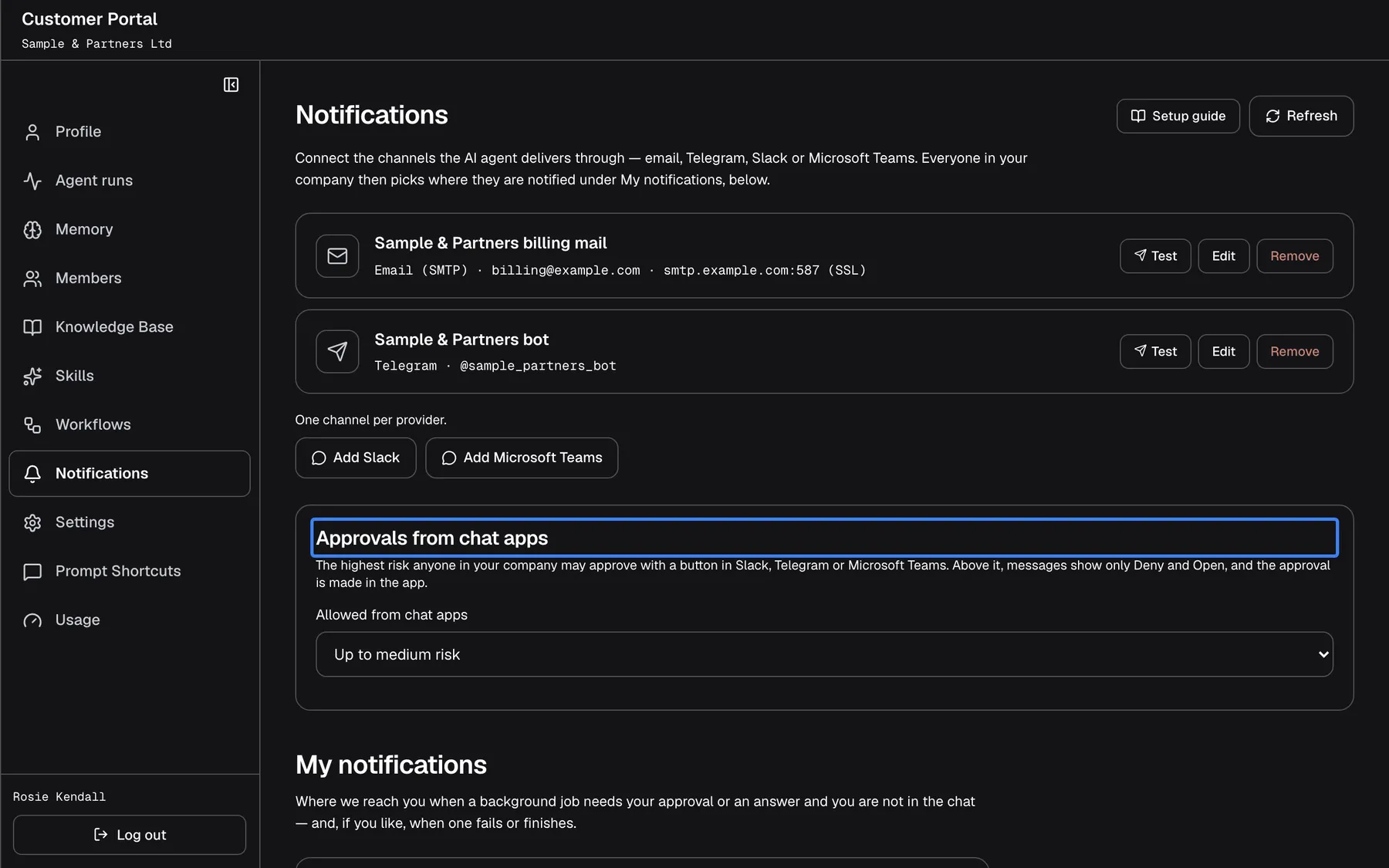 The middle of the Customer Portal's Notifications page. Below the two channel cards, "One channel per provider." and the buttons "Add Slack" and "Add Microsoft Teams" is the highlighted card "Approvals from chat apps": "The highest risk anyone in your company may approve with a button in Slack, Telegram or Microsoft Teams. Above it, messages show only Deny and Open, and the approval is made in the app." The list "Allowed from chat apps" reads "Up to medium risk". Below starts "My notifications".