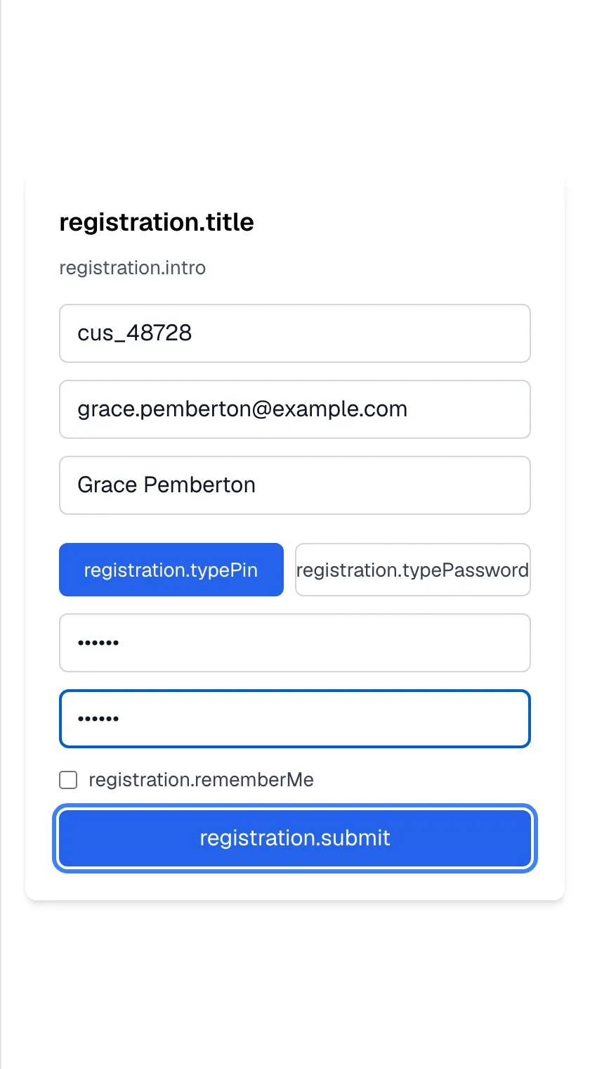 The registration form filled in: user name "cus_48728", email "grace.pemberton@example.com", full name "Grace Pemberton", the toggle "registration.typePin" selected, and a six-digit PIN entered twice as masked dots. The checkbox "registration.rememberMe" is unticked. The blue "registration.submit" button at the bottom, highlighted, is now active; it creates the account and opens the chat signed in. No confirmation email is sent.