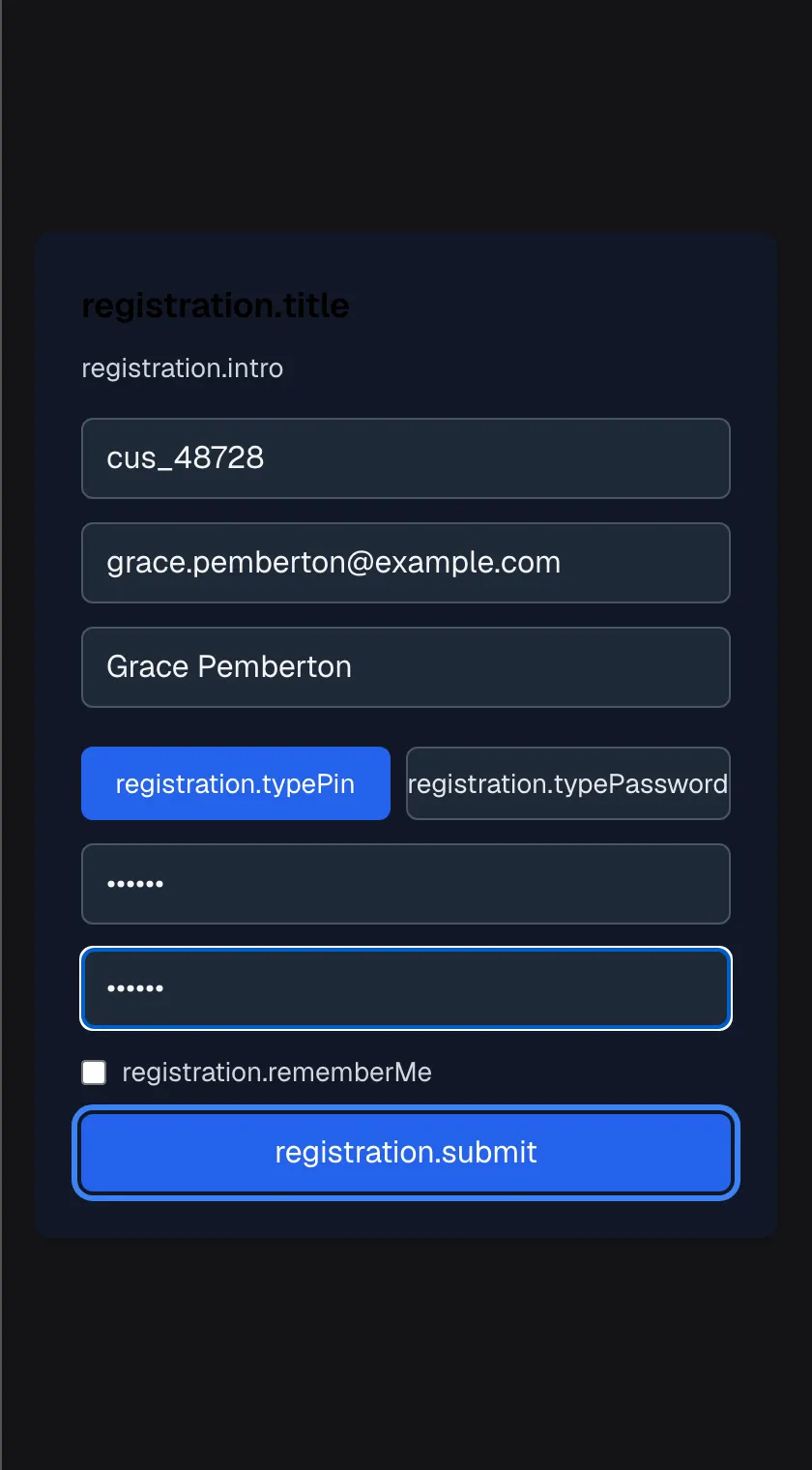 The registration form filled in: user name "cus_48728", email "grace.pemberton@example.com", full name "Grace Pemberton", the toggle "registration.typePin" selected, and a six-digit PIN entered twice as masked dots. The checkbox "registration.rememberMe" is unticked. The blue "registration.submit" button at the bottom, highlighted, is now active; it creates the account and opens the chat signed in. No confirmation email is sent.