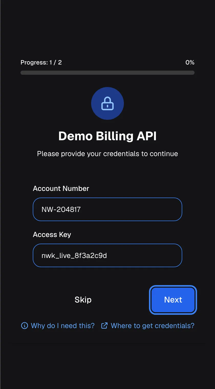 The credentials screen for "Demo Billing API" with both fields filled in: "Account Number" holds "NW-204817" and "Access Key" holds "nwk_live_8f3a2c9d". The blue "Next" button, highlighted, saves these values and moves on to the second service; on the last service the button reads "Complete". The values are saved without being checked, so a typing mistake only shows up later when an action fails.