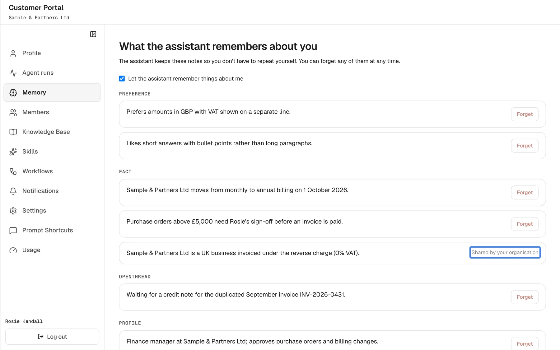 The "Memory" page with its notes. Most notes, such as "Purchase orders above £5,000 need Rosie's sign-off before an invoice is paid.", have a "Forget" button. Among the "Fact" notes, "Sample & Partners Ltd is a UK business invoiced under the reverse charge (0% VAT)." instead carries the label "Shared by your organisation", highlighted, and has no "Forget" button. Such notes come from your provider and apply to everyone in your company. "Forget" asks for confirmation and removes a note for good.