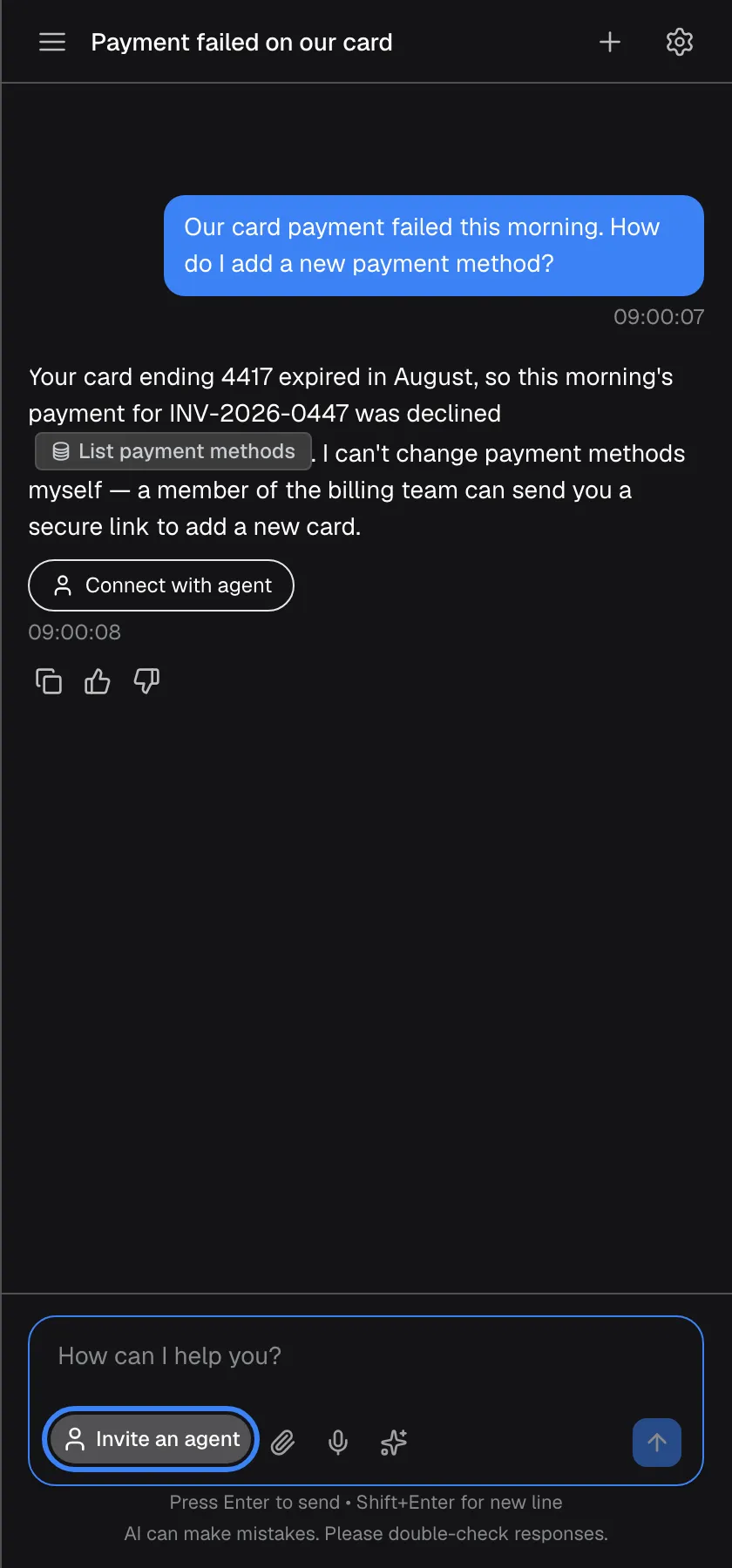 The same chat with the pointer over the person icon at the left of the message box, which expands into the label "Invite an agent", highlighted. It does the same as "Connect with agent" under the answer. Next to it are the attach, microphone and shortcut icons.