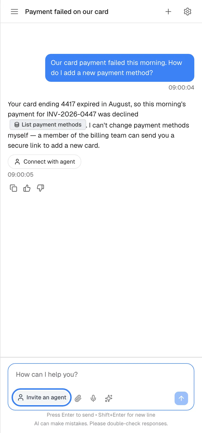The same chat with the pointer over the person icon at the left of the message box, which expands into the label "Invite an agent", highlighted. It does the same as "Connect with agent" under the answer. Next to it are the attach, microphone and shortcut icons.