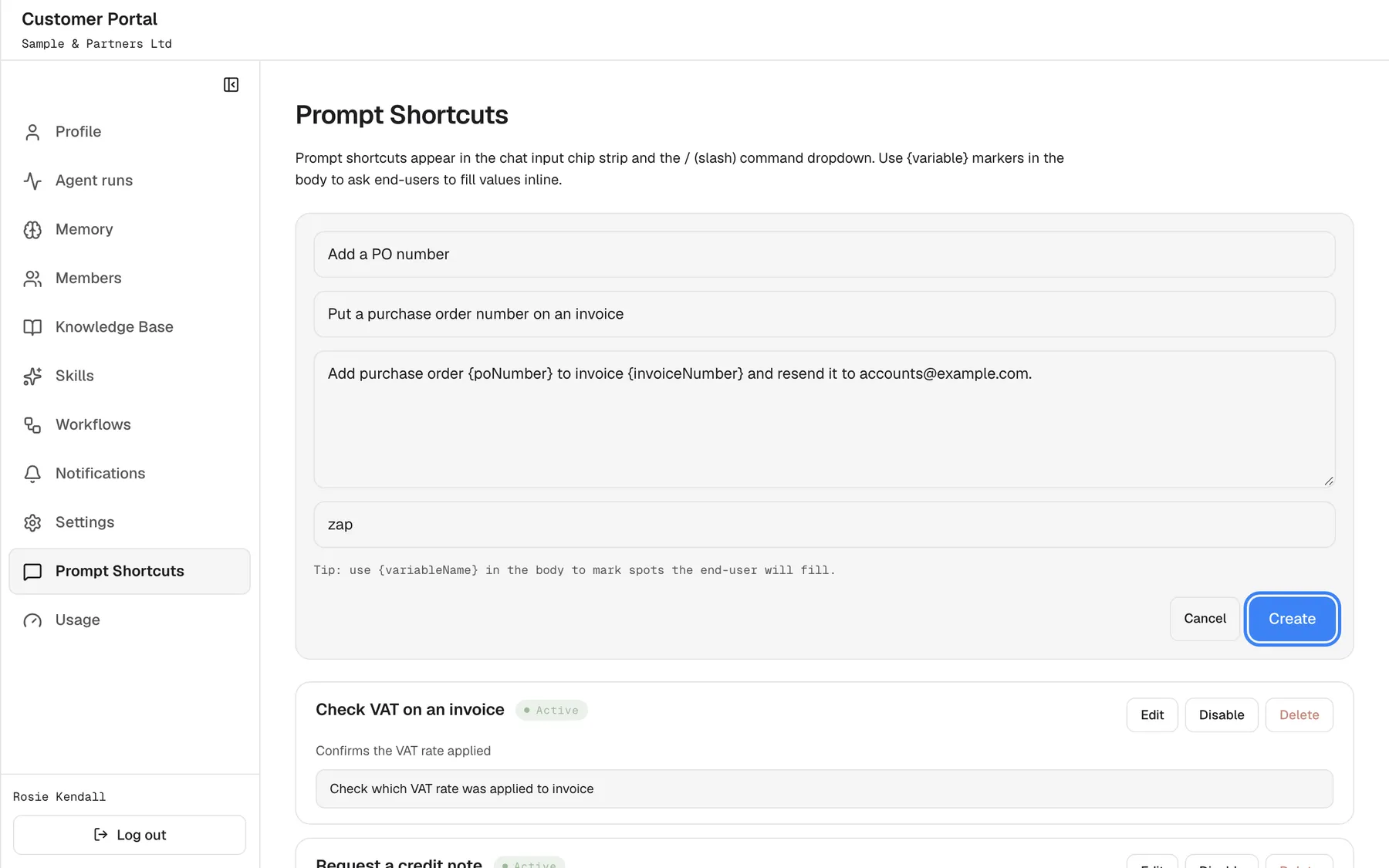 The shortcut editor filled in: name "Add a PO number", description "Put a purchase order number on an invoice", text "Add purchase order {poNumber} to invoice {invoiceNumber} and resend it to accounts@example.com.", and the icon name "zap". The tip reads "Tip: use {variableName} in the body to mark spots the end-user will fill.". The blue "Create" button, highlighted, is next to "Cancel".