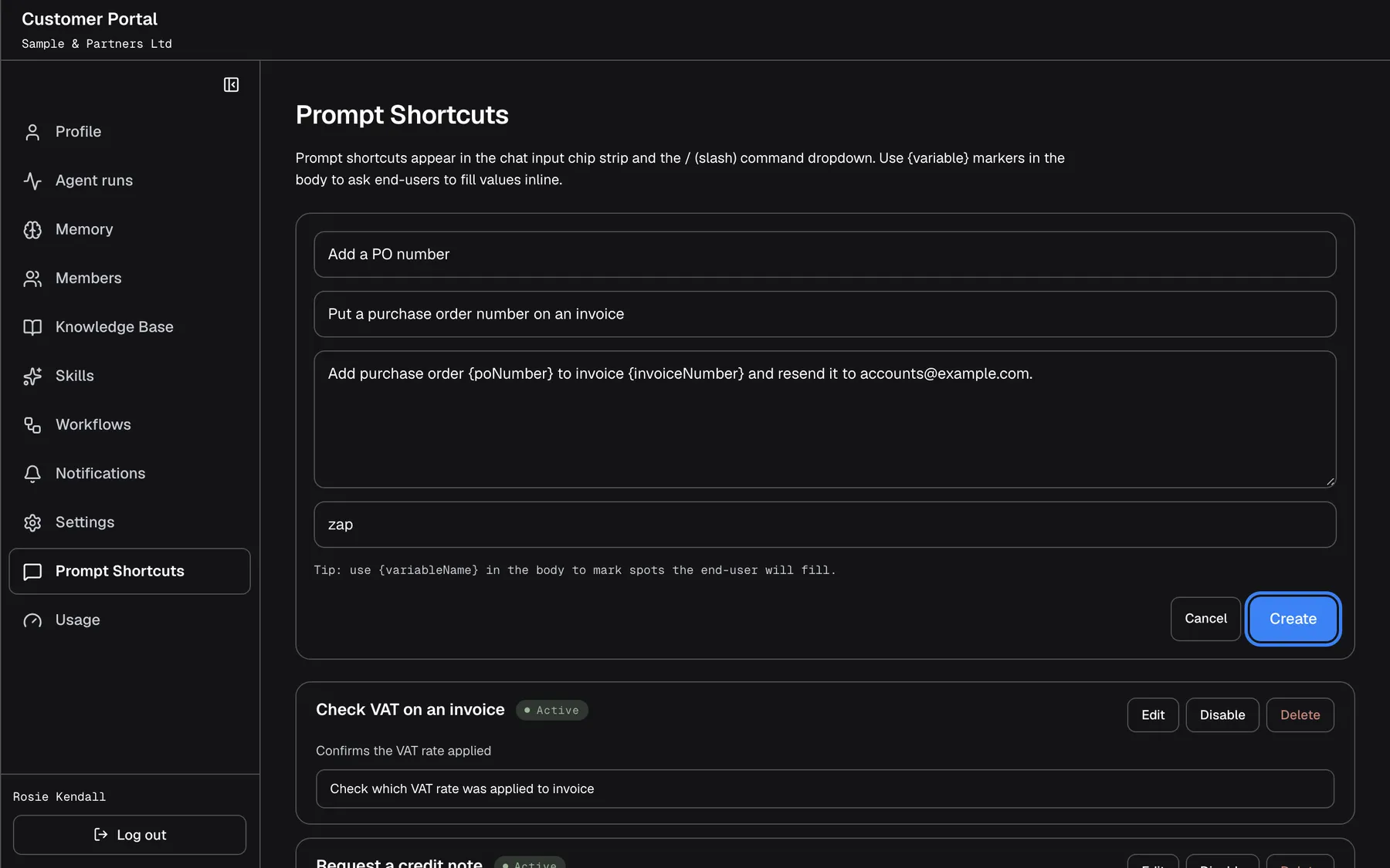 The shortcut editor filled in: name "Add a PO number", description "Put a purchase order number on an invoice", text "Add purchase order {poNumber} to invoice {invoiceNumber} and resend it to accounts@example.com.", and the icon name "zap". The tip reads "Tip: use {variableName} in the body to mark spots the end-user will fill.". The blue "Create" button, highlighted, is next to "Cancel".