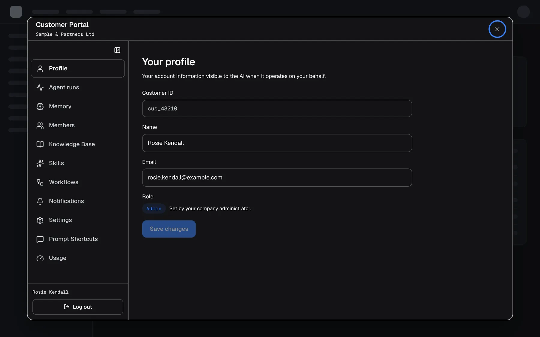 The customer portal open as a large window over the dimmed product. Its top bar reads "Customer Portal" and "Sample & Partners Ltd", with an X "Close" at the right, highlighted, that returns to the chat. The left menu, as seen by a company Admin, lists "Profile", "Agent runs", "Memory", "Members", "Knowledge Base", "Skills", "Workflows", "Notifications", "Settings", "Prompt Shortcuts" and "Usage", with your name and "Log out" at the bottom. The portal opens on "Your profile".
