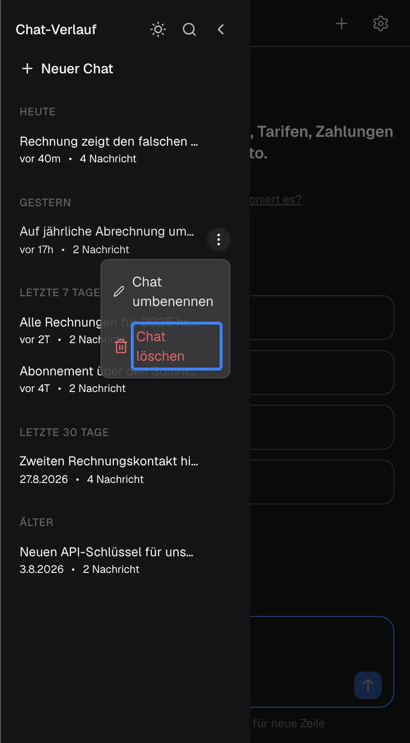 Die Seitenleiste des Verlaufs mit geöffnetem Drei-Punkte-Menü des Chats „Auf jährliche Abrechnung umstellen“. Es bietet „Chat umbenennen“ mit einem Stift-Symbol und in Rot „Chat löschen“, hervorgehoben. Löschen entfernt den Chat sofort, ohne Rückfrage, und er lässt sich nicht wiederherstellen. Umbenennen öffnet einen kleinen Dialog für einen neuen Namen mit bis zu 100 Zeichen.