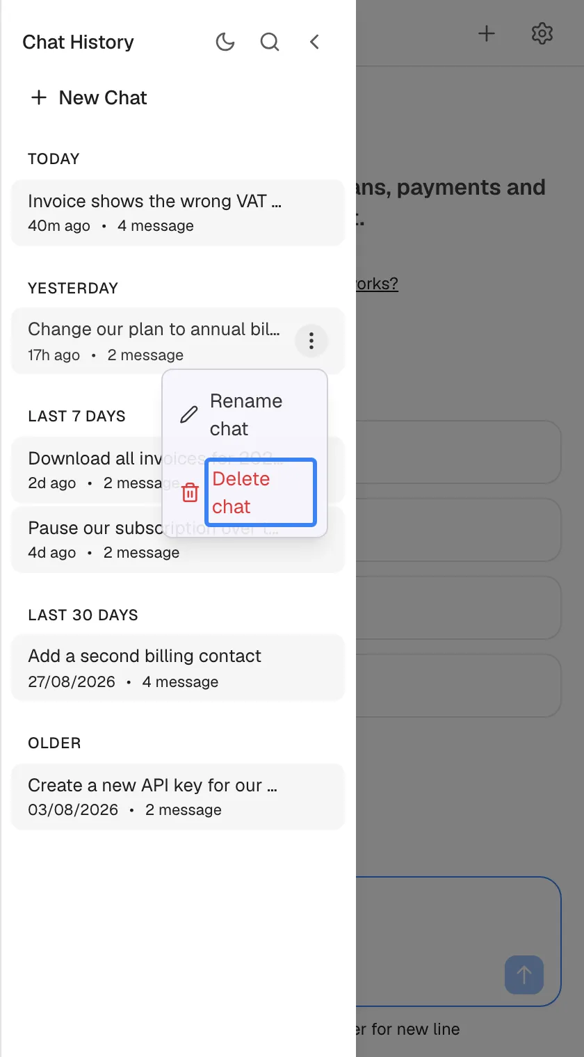The history sidebar with the three-dot menu of the chat "Change our plan to annual billing" open. It offers "Rename chat" with a pencil icon and, in red, "Delete chat", highlighted. Delete removes the chat at once, without asking for confirmation, and it cannot be restored. Rename opens a small dialog for a new name of up to 100 characters.