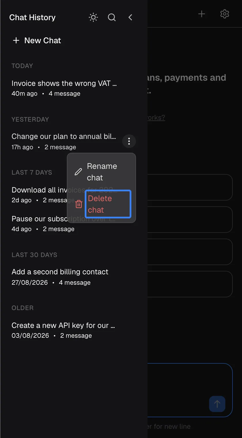 The history sidebar with the three-dot menu of the chat "Change our plan to annual billing" open. It offers "Rename chat" with a pencil icon and, in red, "Delete chat", highlighted. Delete removes the chat at once, without asking for confirmation, and it cannot be restored. Rename opens a small dialog for a new name of up to 100 characters.