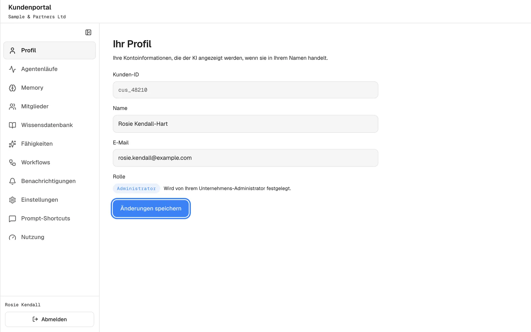 Die Seite „Ihr Profil“, nachdem der Name in „Rosie Kendall-Hart“ geändert wurde. Die blaue Schaltfläche „Änderungen speichern“ unter dem Formular ist jetzt aktiv und hervorgehoben; ein Klick darauf speichert den neuen Namen und zeigt „Profil gespeichert.“. Kunden-ID „cus_48210“, die E-Mail „rosie.kendall@example.com“ und die Rolle „Administrator“ bleiben unverändert.